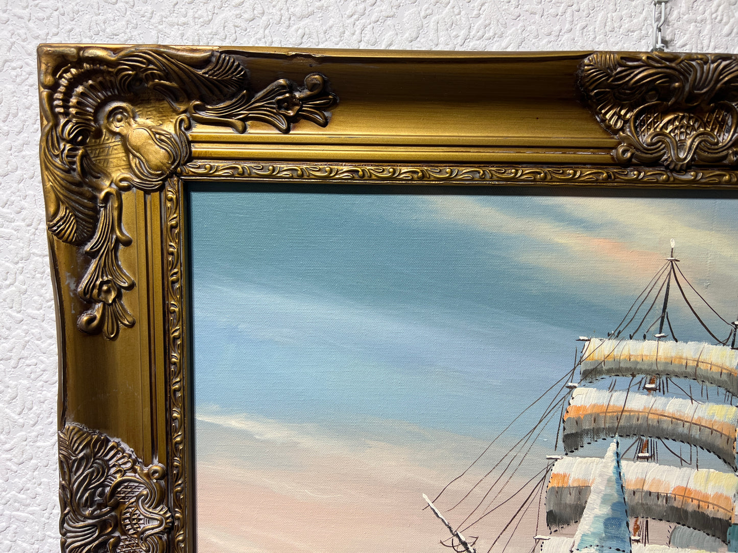 Original Oil painting on canvas, seascape, Sailing Ship, signed, Gold Frame