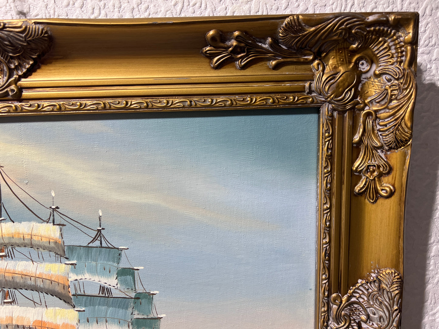 Original Oil painting on canvas, seascape, Sailing Ship, signed, Gold Frame