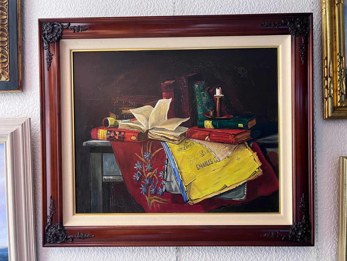 Antique Oil Painting on canvas Still Life, books, candle, Signed Azuquita Framed
