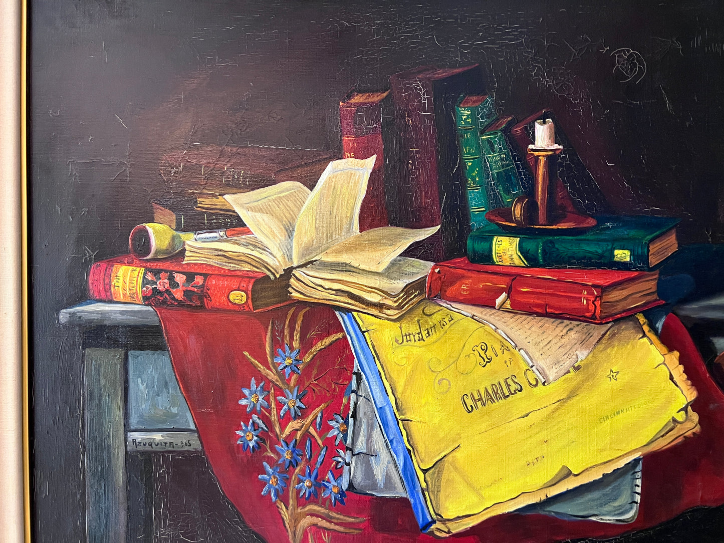 Antique Oil Painting on canvas Still Life, books, candle, Signed Azuquita Framed