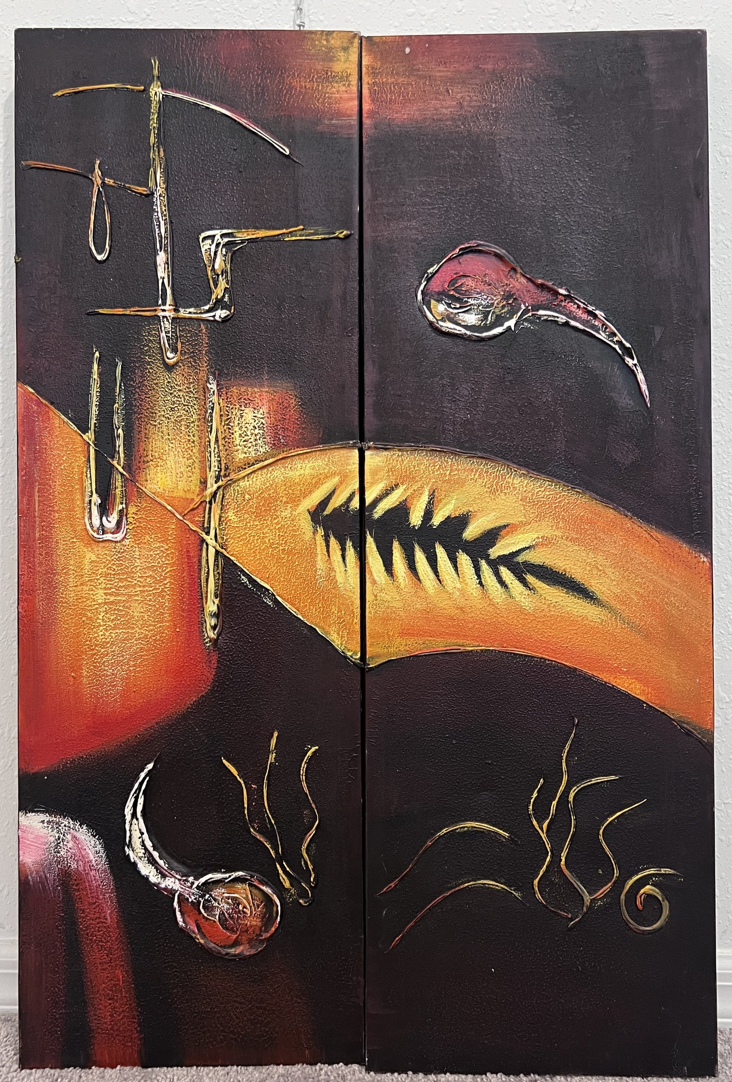 Set of 2 Textured Abstract Paintings Modern Contemporary Wall Art Decor Red Gold