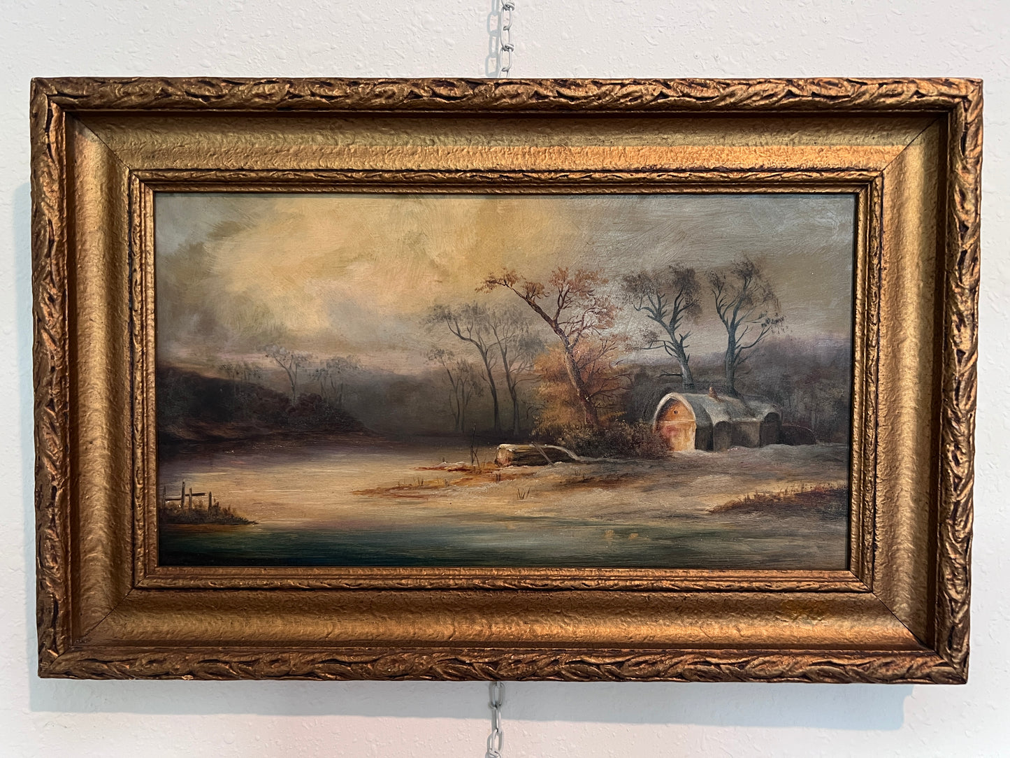 Antique Dutch Landscape Oil Painting on Board Rustic Cabin Winter Scene Unsigned