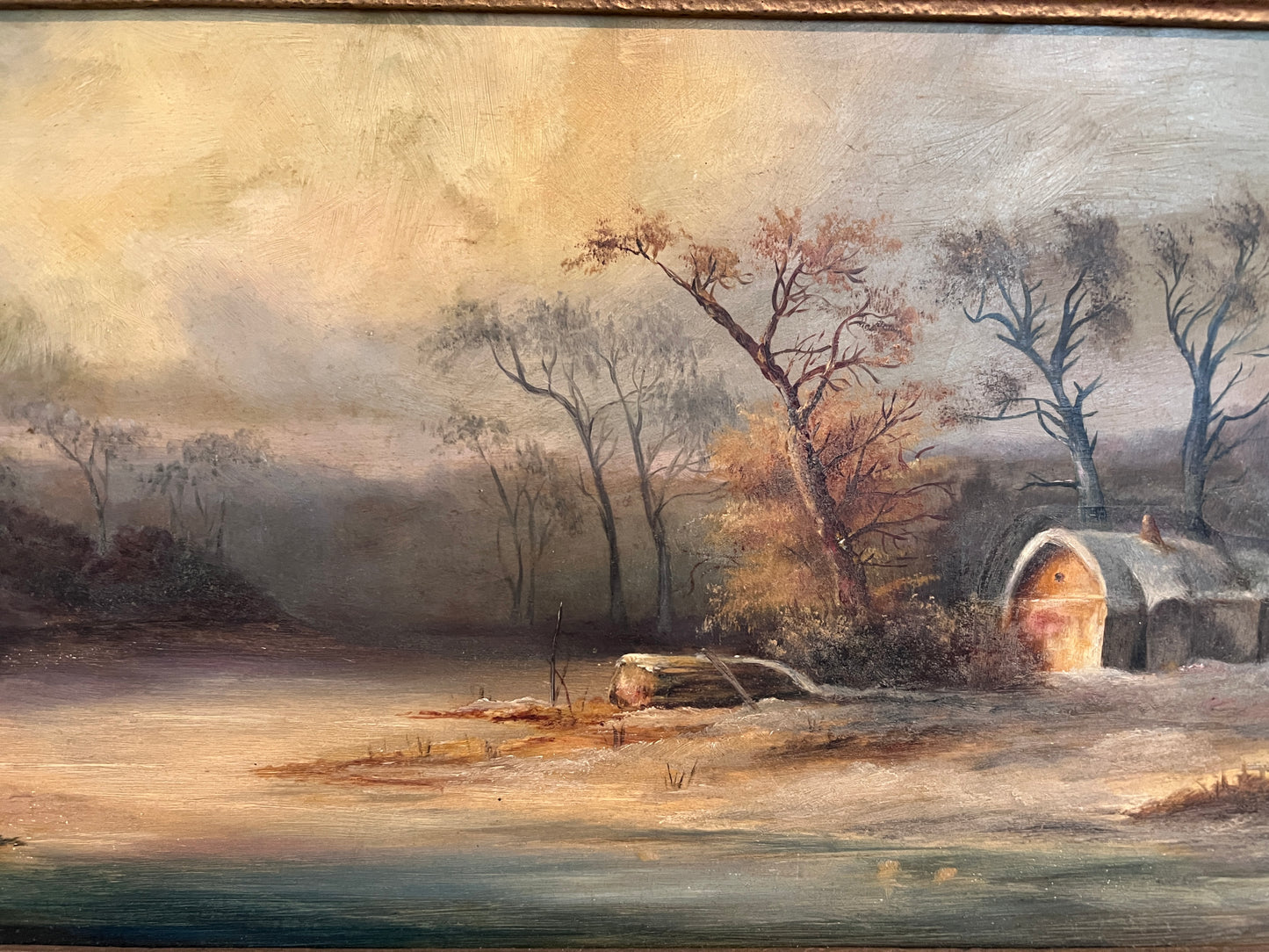 Antique Dutch Landscape Oil Painting on Board Rustic Cabin Winter Scene Unsigned