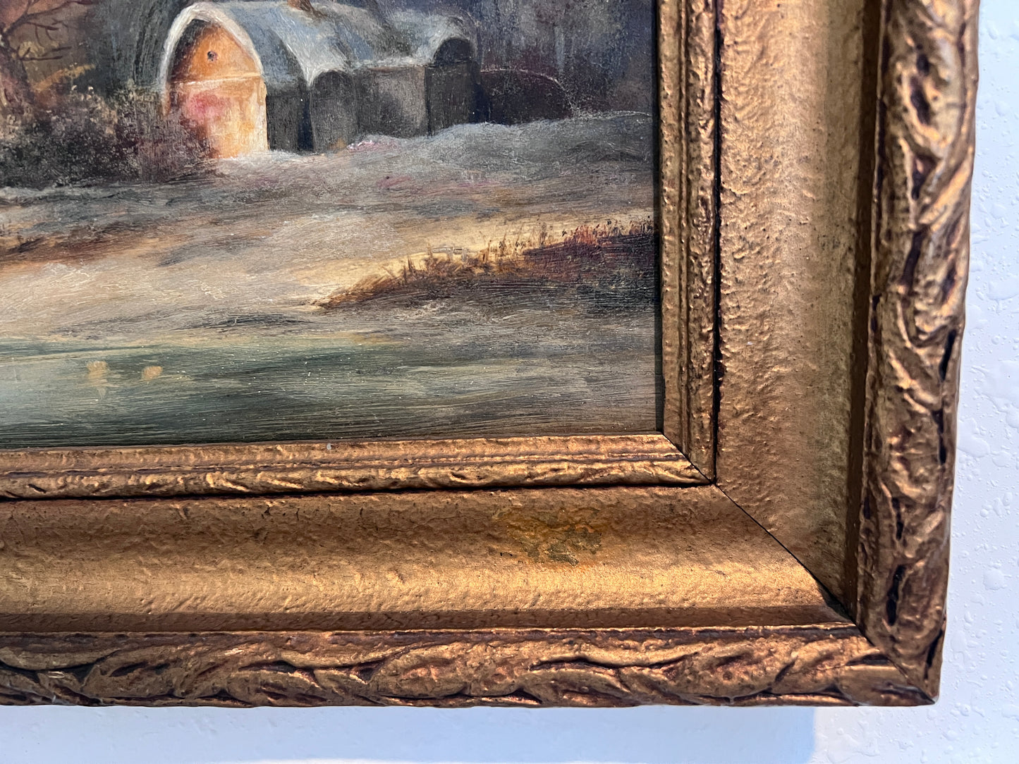 Antique Dutch Landscape Oil Painting on Board Rustic Cabin Winter Scene Unsigned