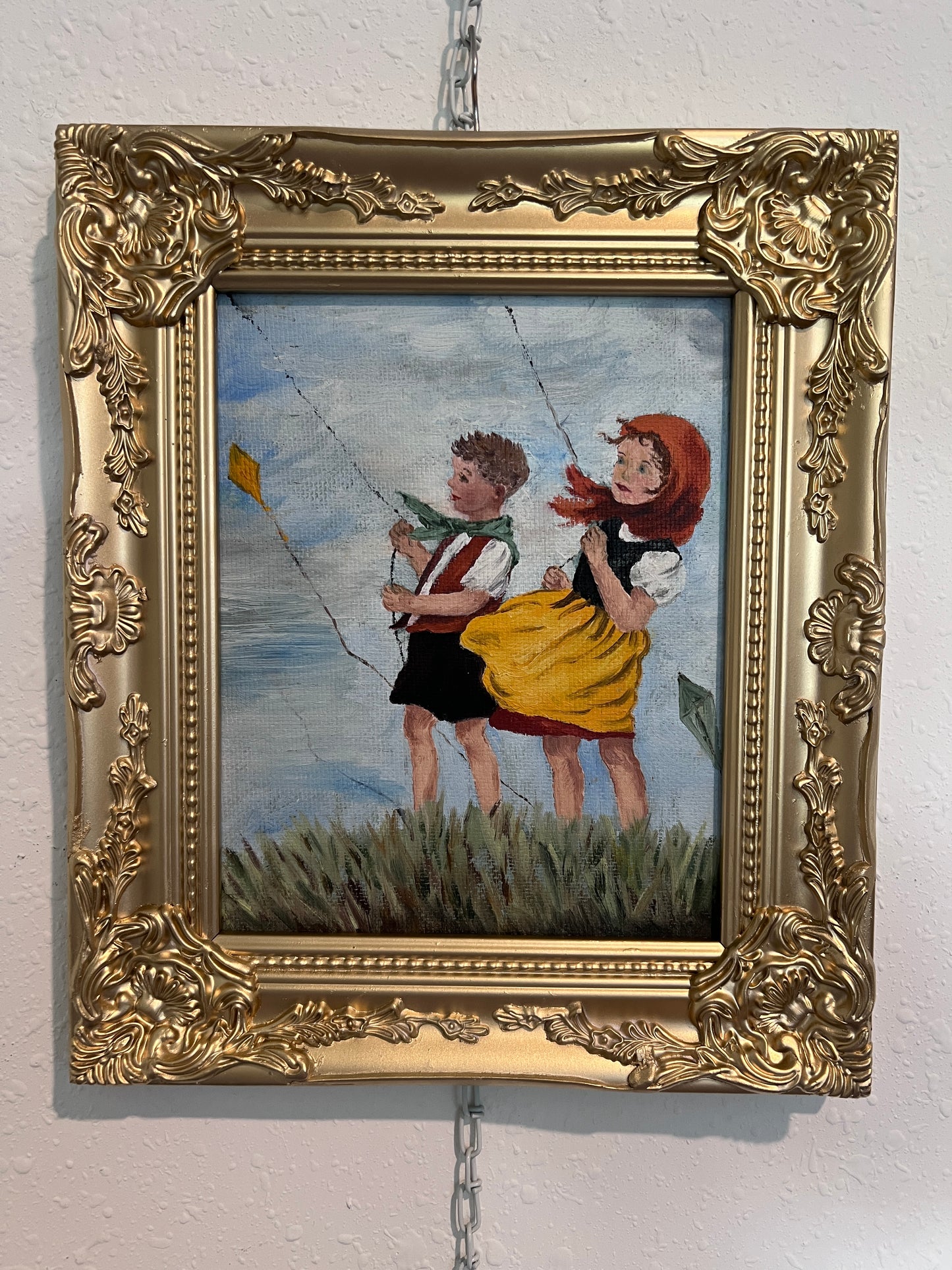 Vintage Folk Art Painting Children Flying Kites Acrylic on Board Framed