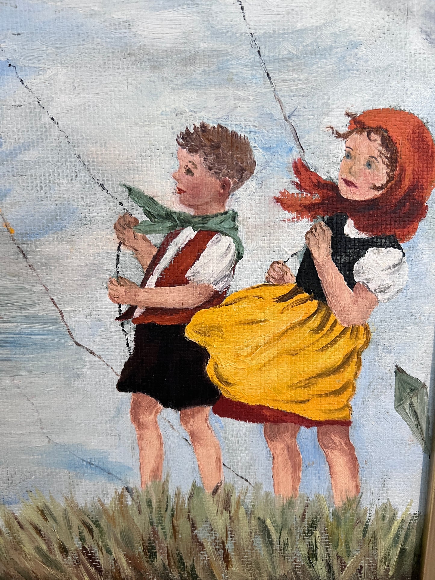 Vintage Folk Art Painting Children Flying Kites Acrylic on Board Framed