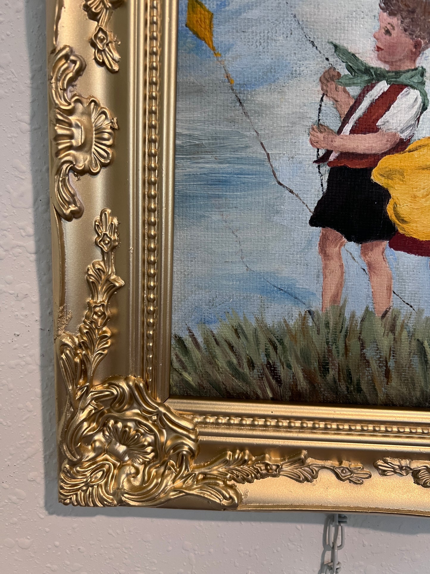 Vintage Folk Art Painting Children Flying Kites Acrylic on Board Framed