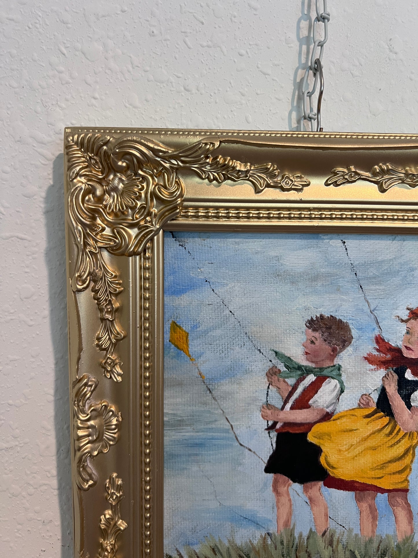 Vintage Folk Art Painting Children Flying Kites Acrylic on Board Framed