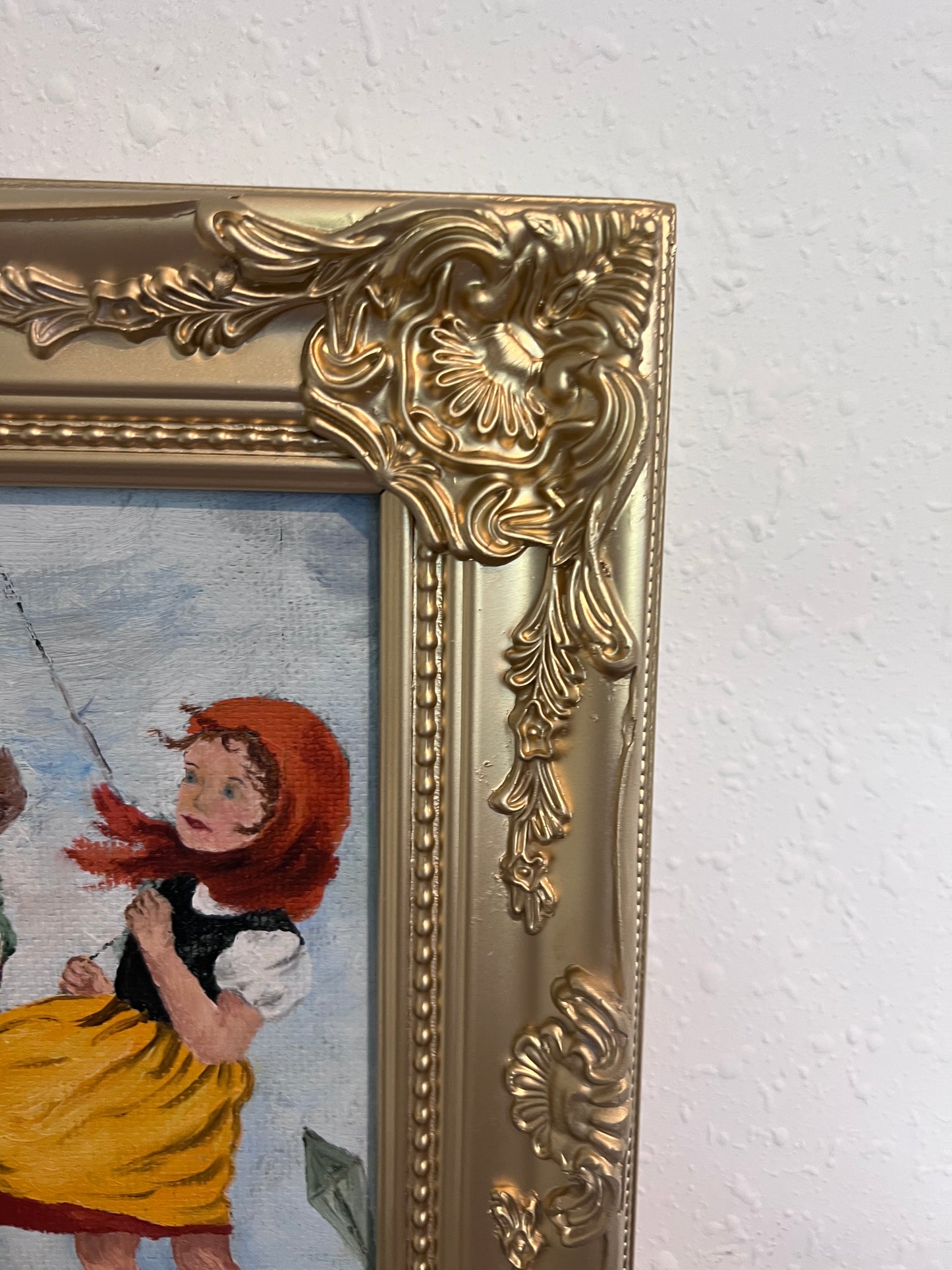 Vintage Folk Art Painting Children Flying Kites Acrylic on Board Framed