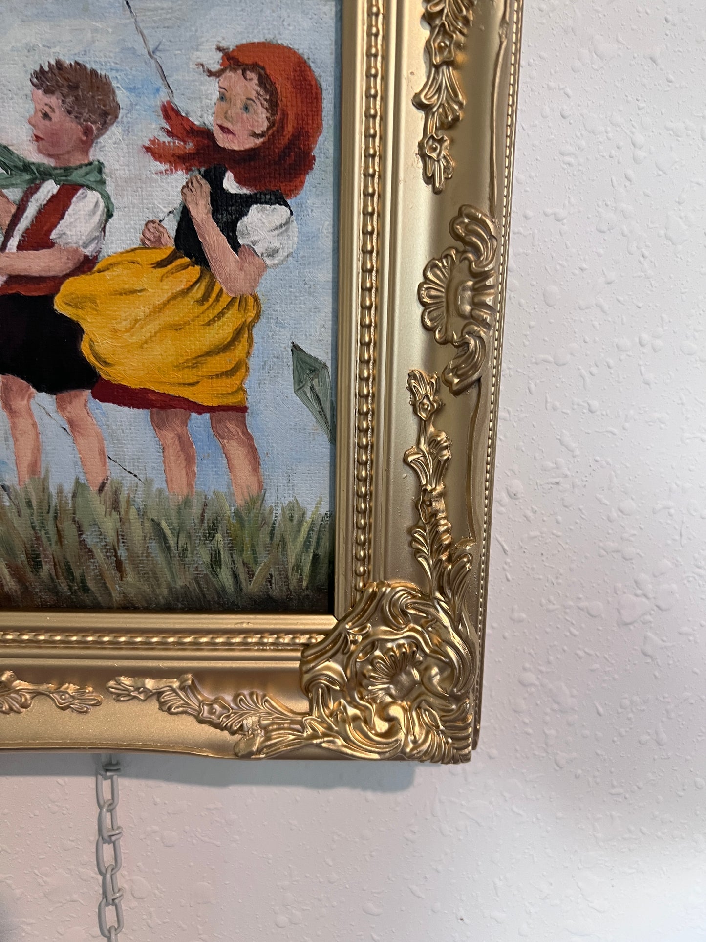 Vintage Folk Art Painting Children Flying Kites Acrylic on Board Framed