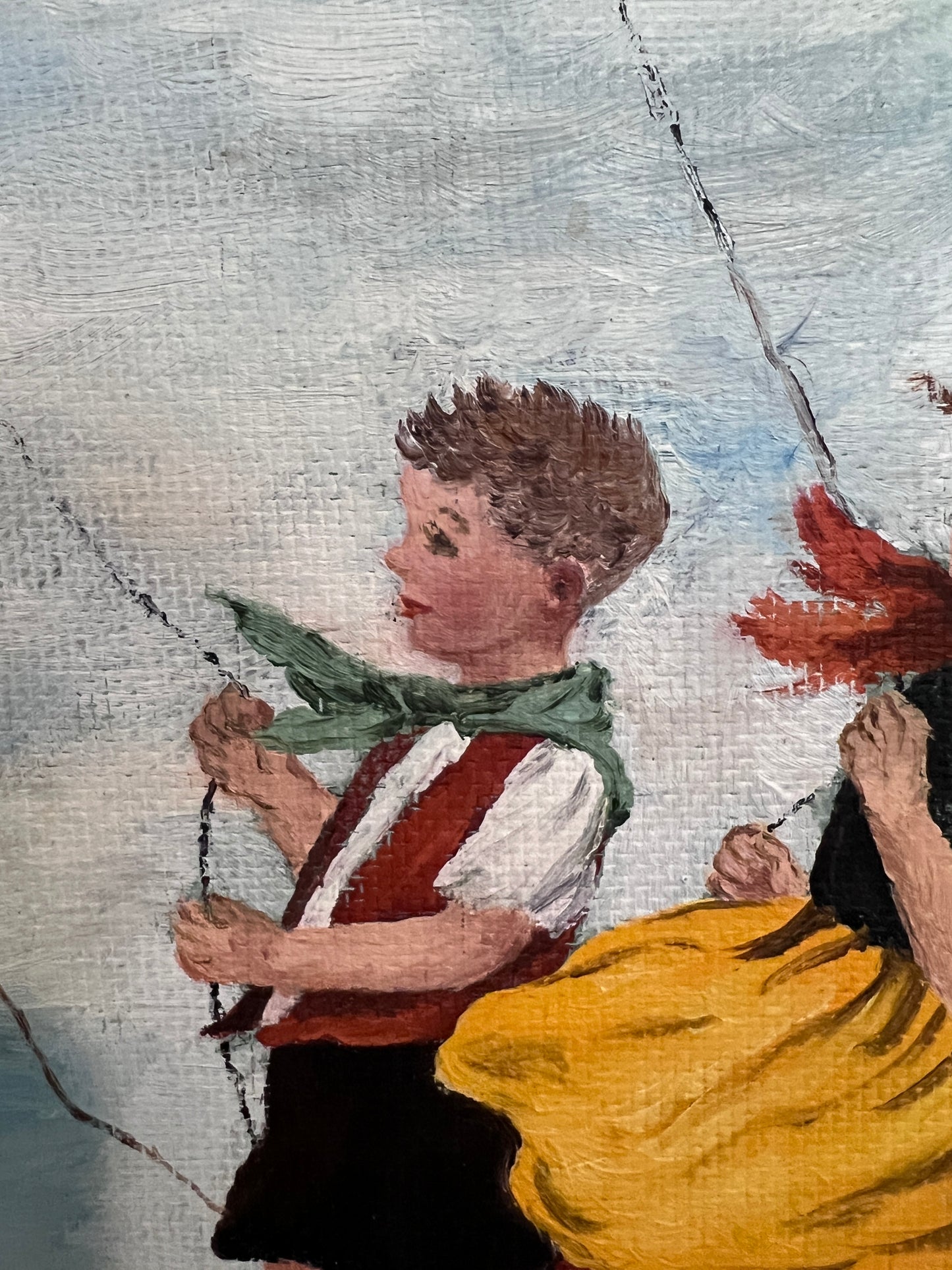 Vintage Folk Art Painting Children Flying Kites Acrylic on Board Framed