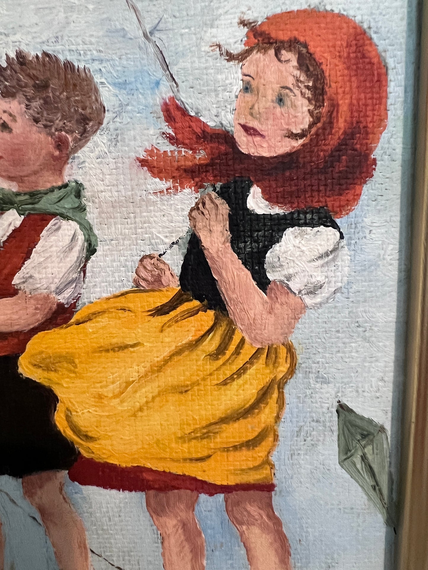 Vintage Folk Art Painting Children Flying Kites Acrylic on Board Framed
