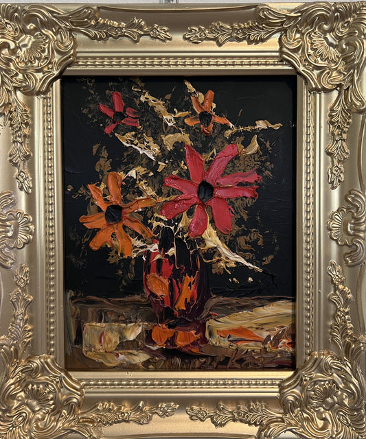 Morris Katz Floral Still Life Oil Painting Palette Knife Technique Gold Frame