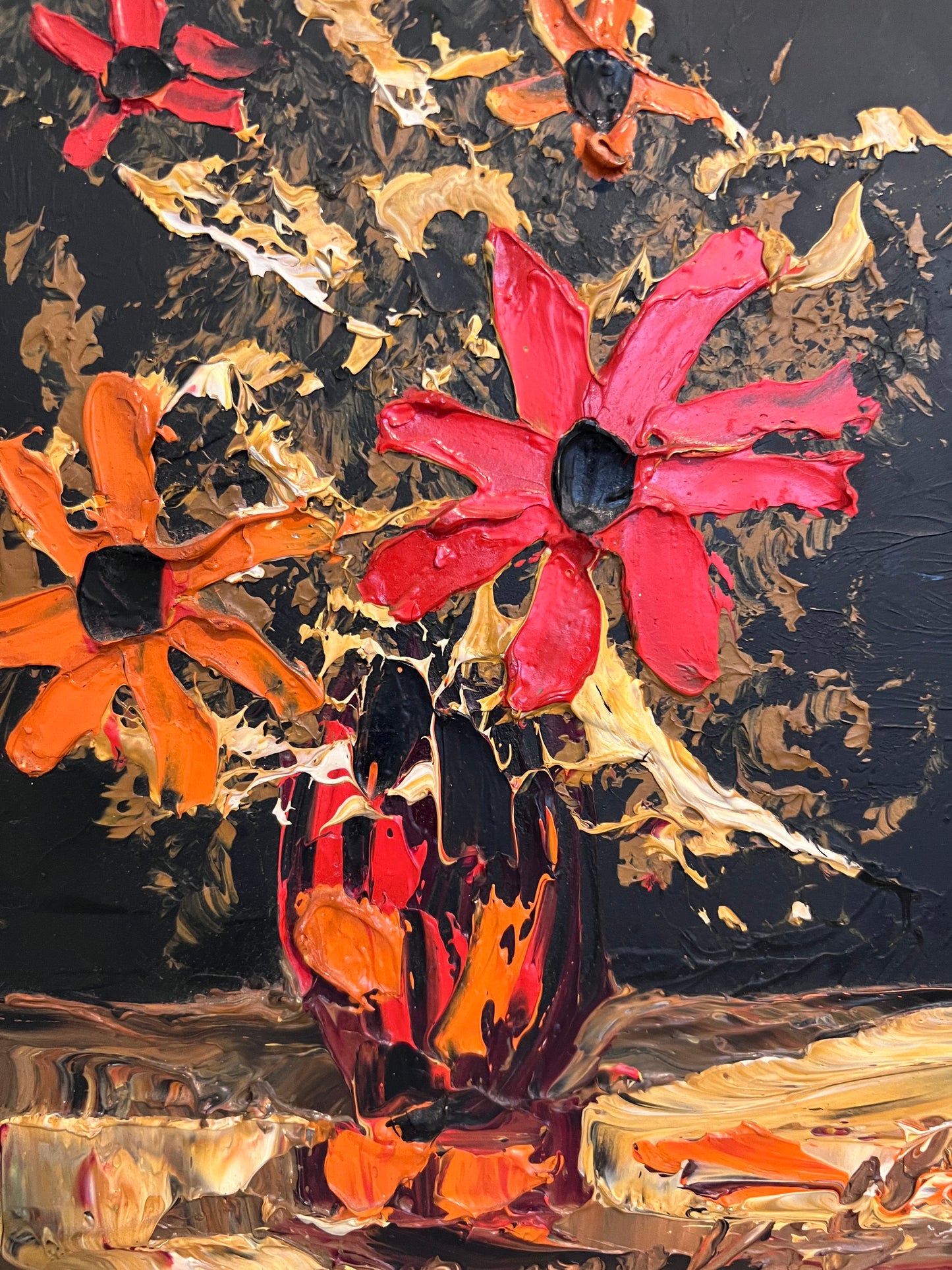 Morris Katz Floral Still Life Oil Painting Palette Knife Technique Gold Frame