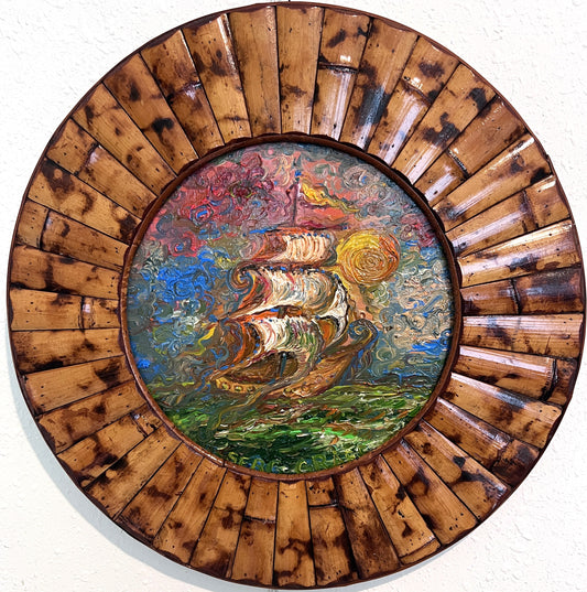 Serg Graff “Golden Voyage” Original Oil Painting Ship at Sea Round Wood Frame