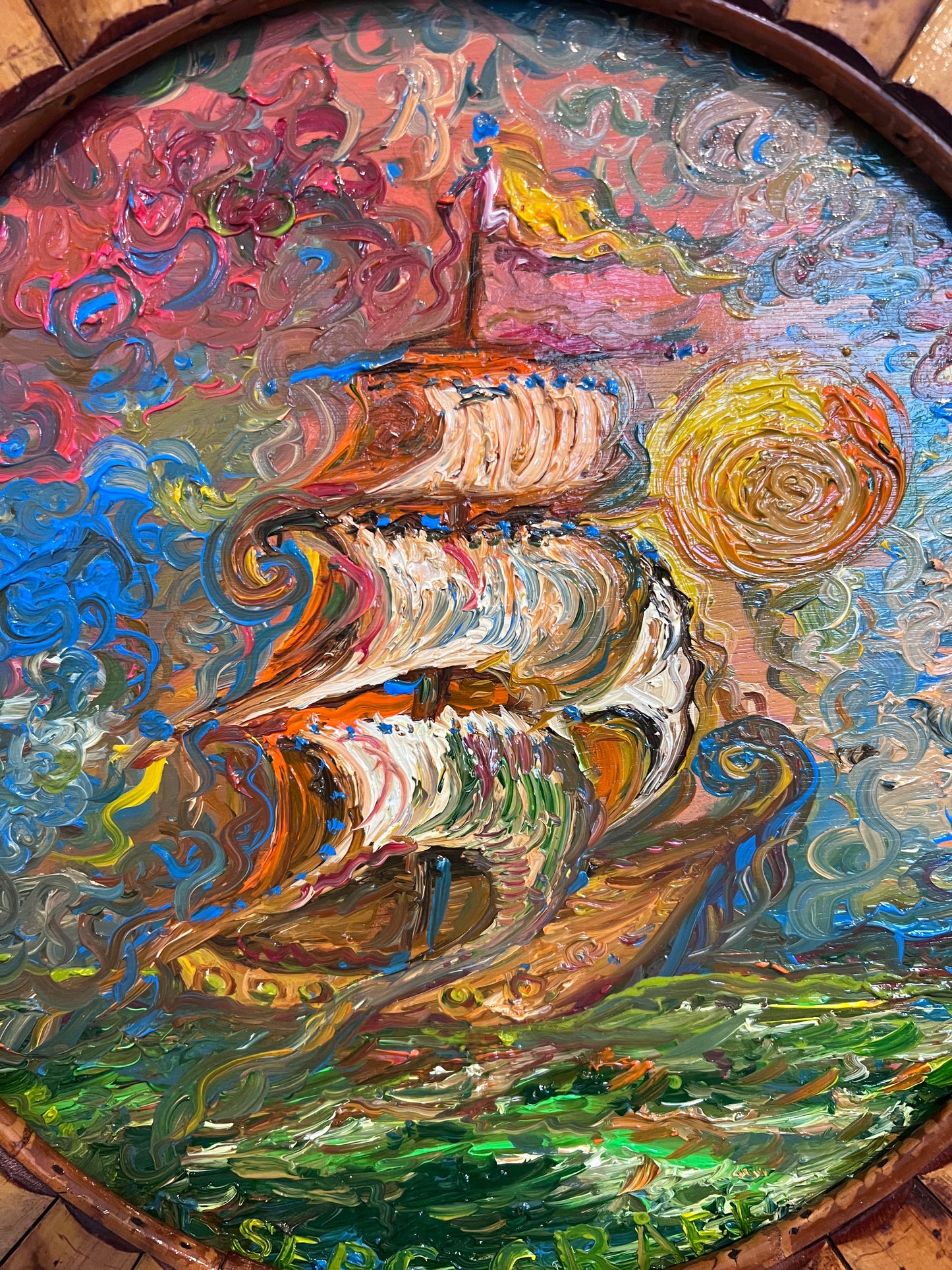 Serg Graff “Golden Voyage” Original Oil Painting Ship at Sea Round Wood Frame