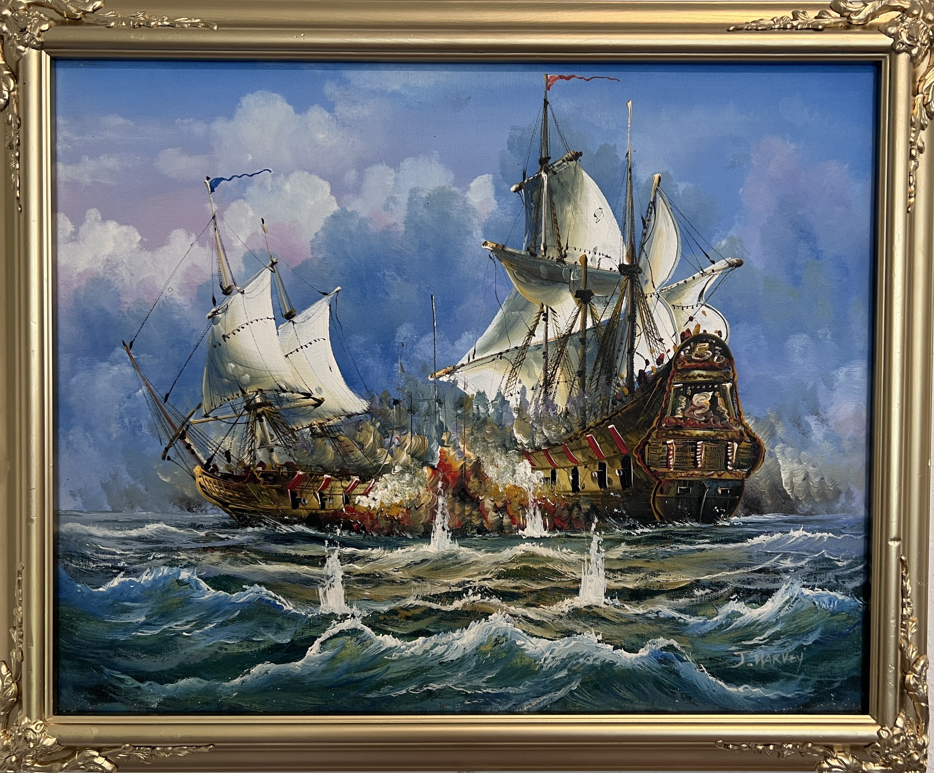 Original Maritime Oil Painting – Naval Battle Scene – Signed J