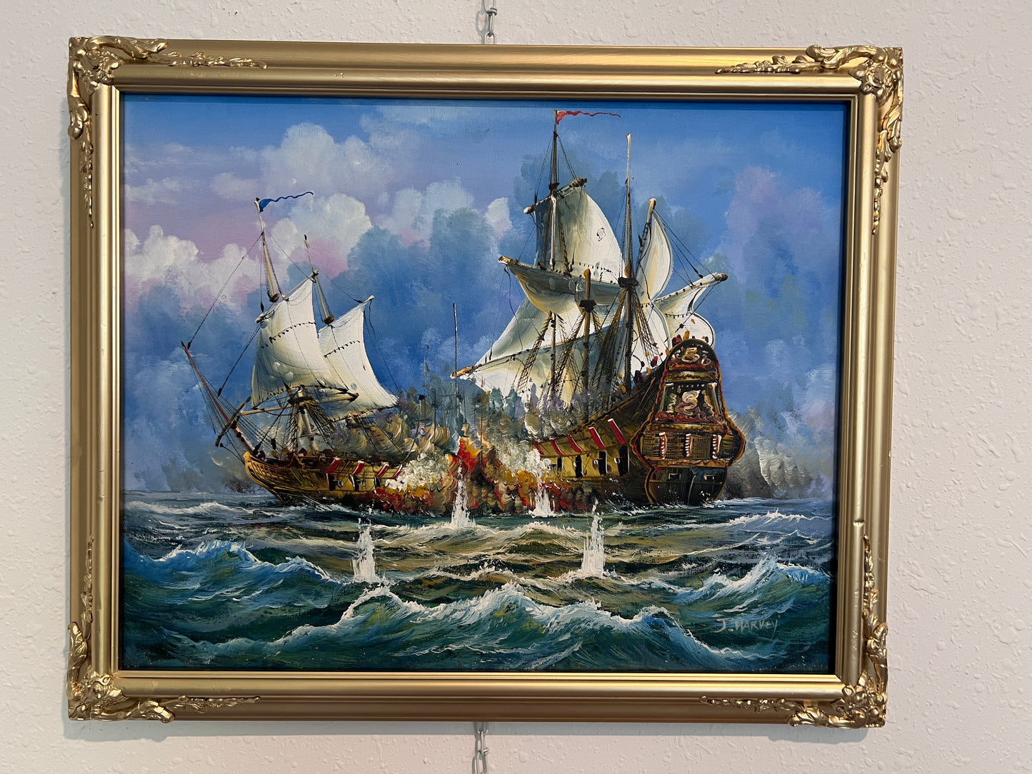 Original Maritime Oil Painting – Naval Battle Scene – Signed J. Harvey , Framed