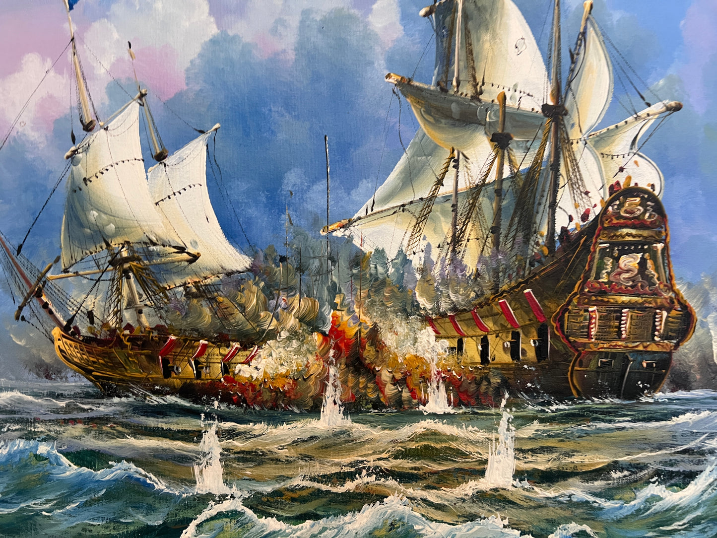 Original Maritime Oil Painting – Naval Battle Scene – Signed J. Harvey , Framed