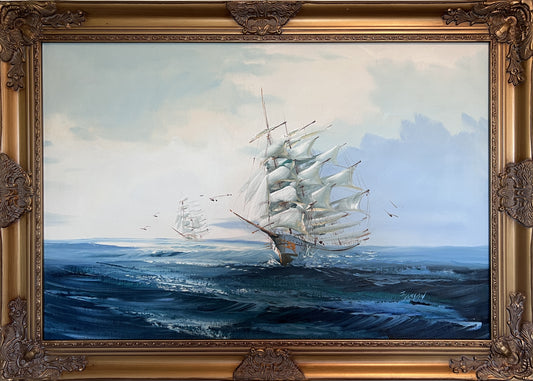 Listed Artist Hewett Jackson Original Oil Painting | Tall Ship Seascape | Framed