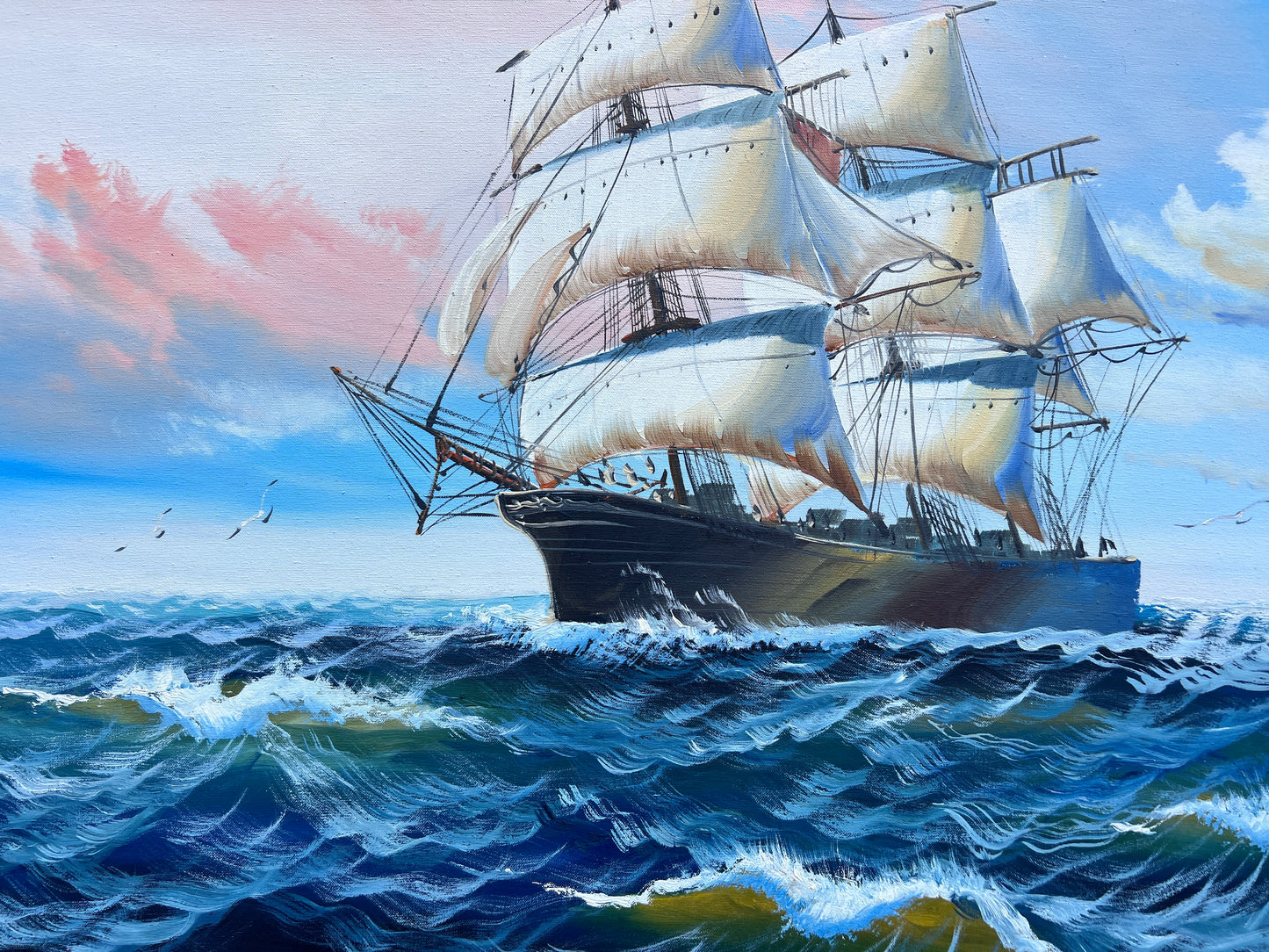 Original Marine Oil Painting Tall Ship on Open Sea | Nautical Seascape Art