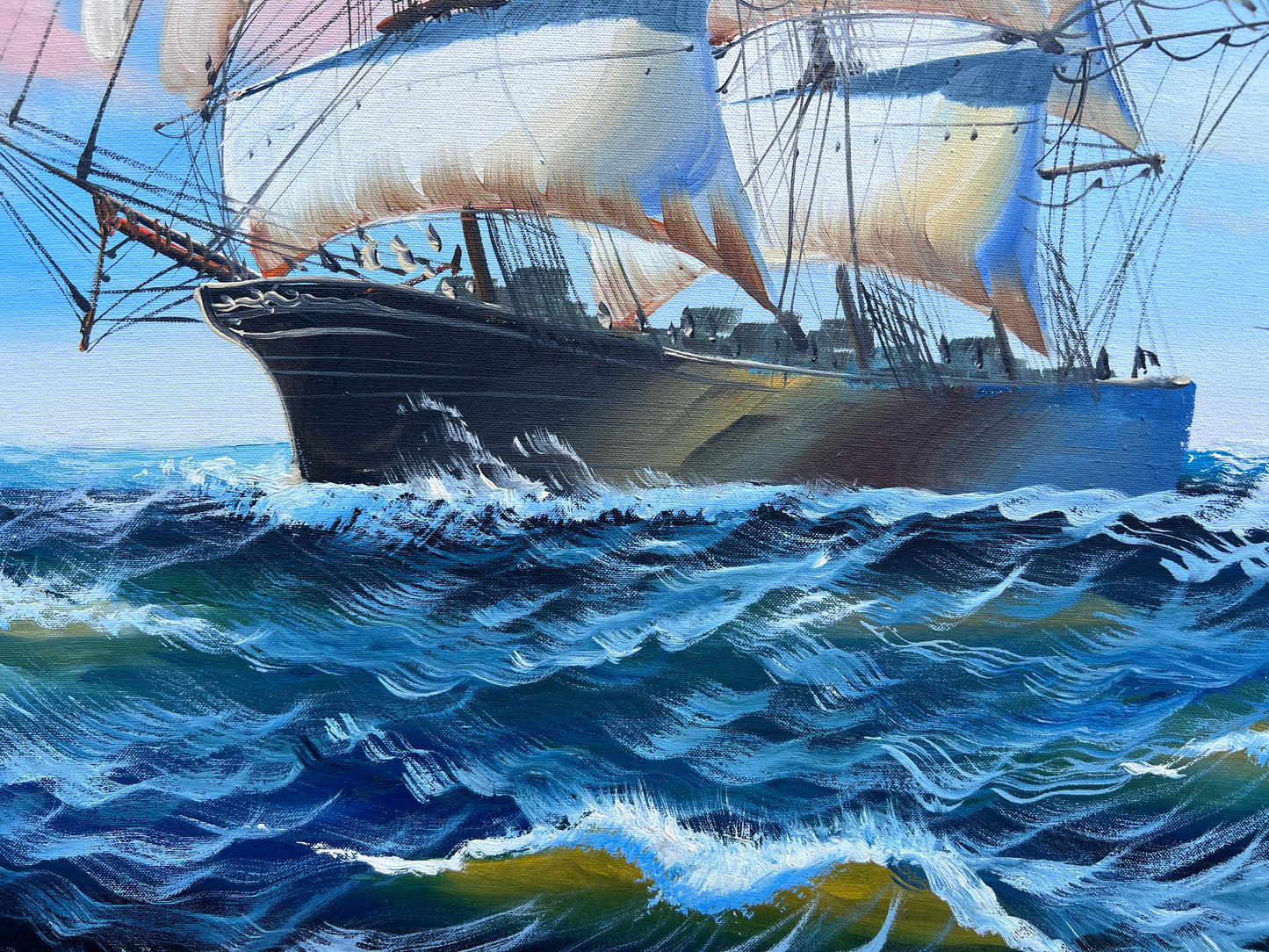 Original Marine Oil Painting Tall Ship on Open Sea | Nautical Seascape Art