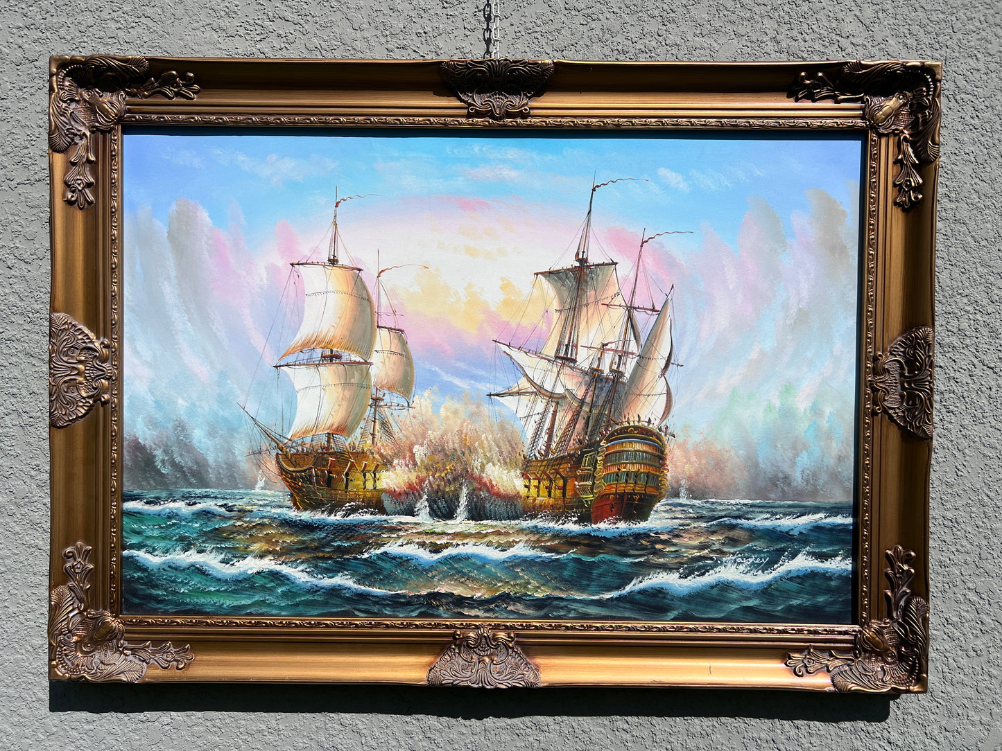 Original Maritime Oil Painting – Naval Battle Scene – Signed J. Harvey , Framed (Copy)