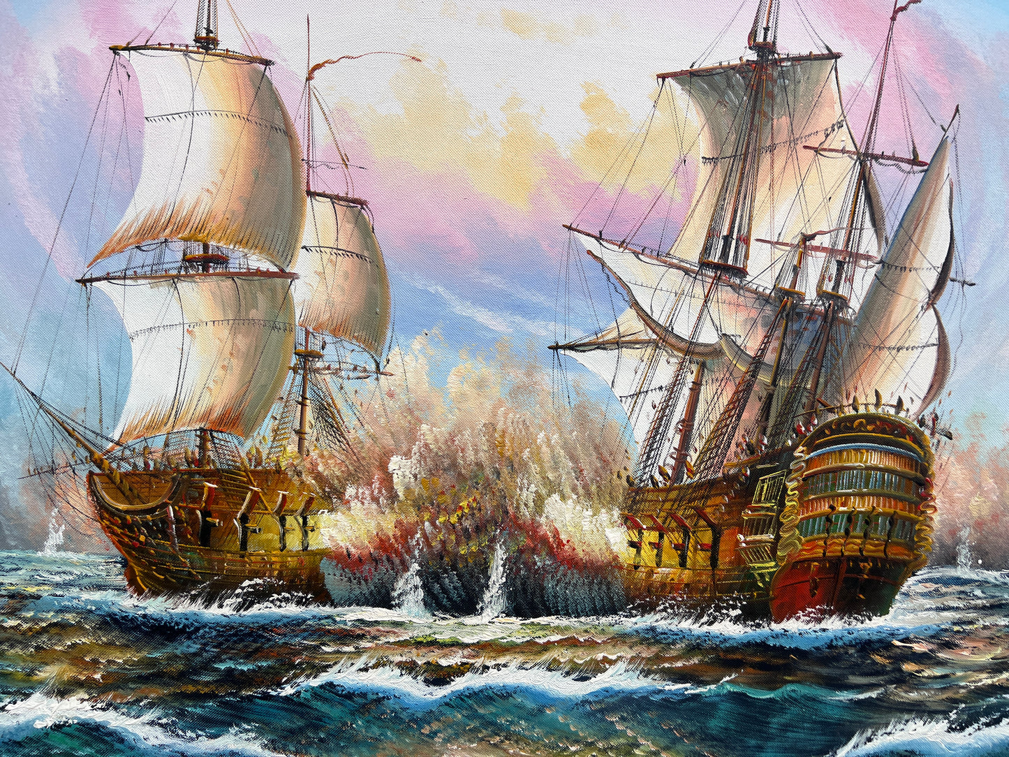 Original Maritime Oil Painting – Naval Battle Scene – Signed J. Harvey , Framed (Copy)