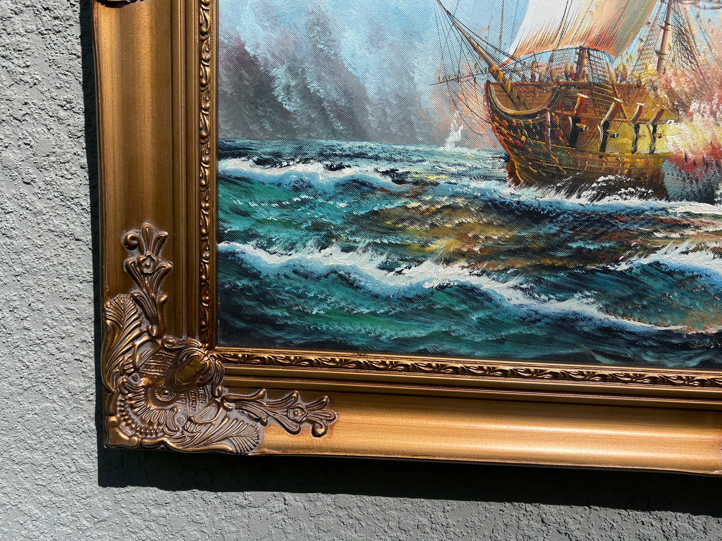 Original Maritime Oil Painting – Naval Battle Scene – Signed J. Harvey , Framed (Copy)