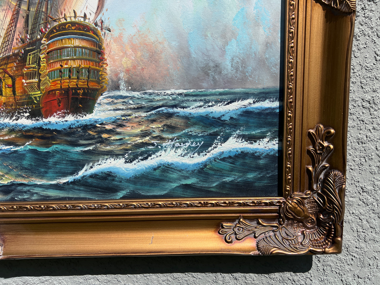 Original Maritime Oil Painting – Naval Battle Scene – Signed J. Harvey , Framed (Copy)