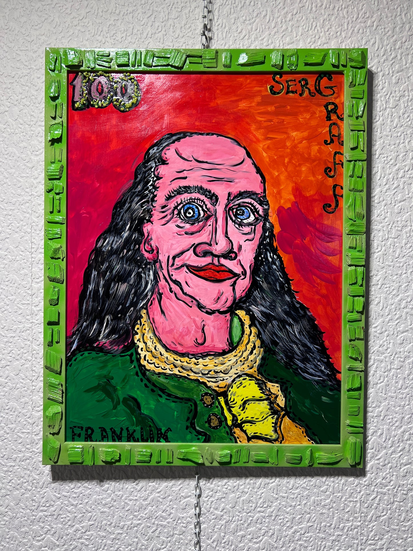 Original painting on board, Portrait of Benjamin Franklin signed Serg Graff, COA