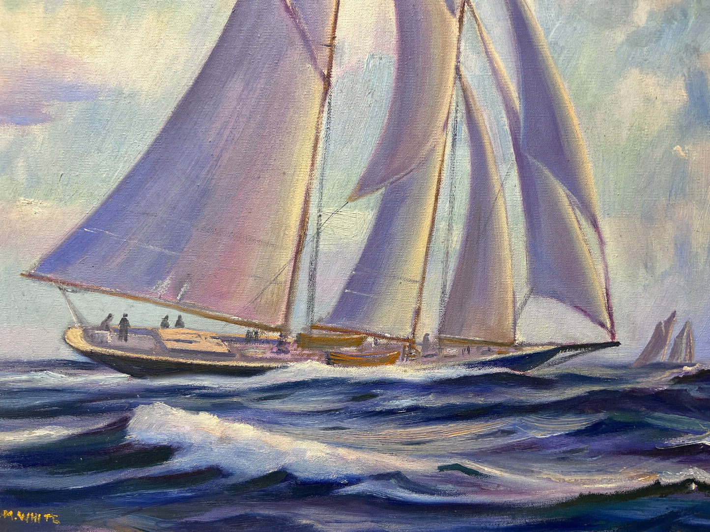 R.M. WHITE Vintage Oil painting on canvas Seascape, Sailing Ship in the ocean