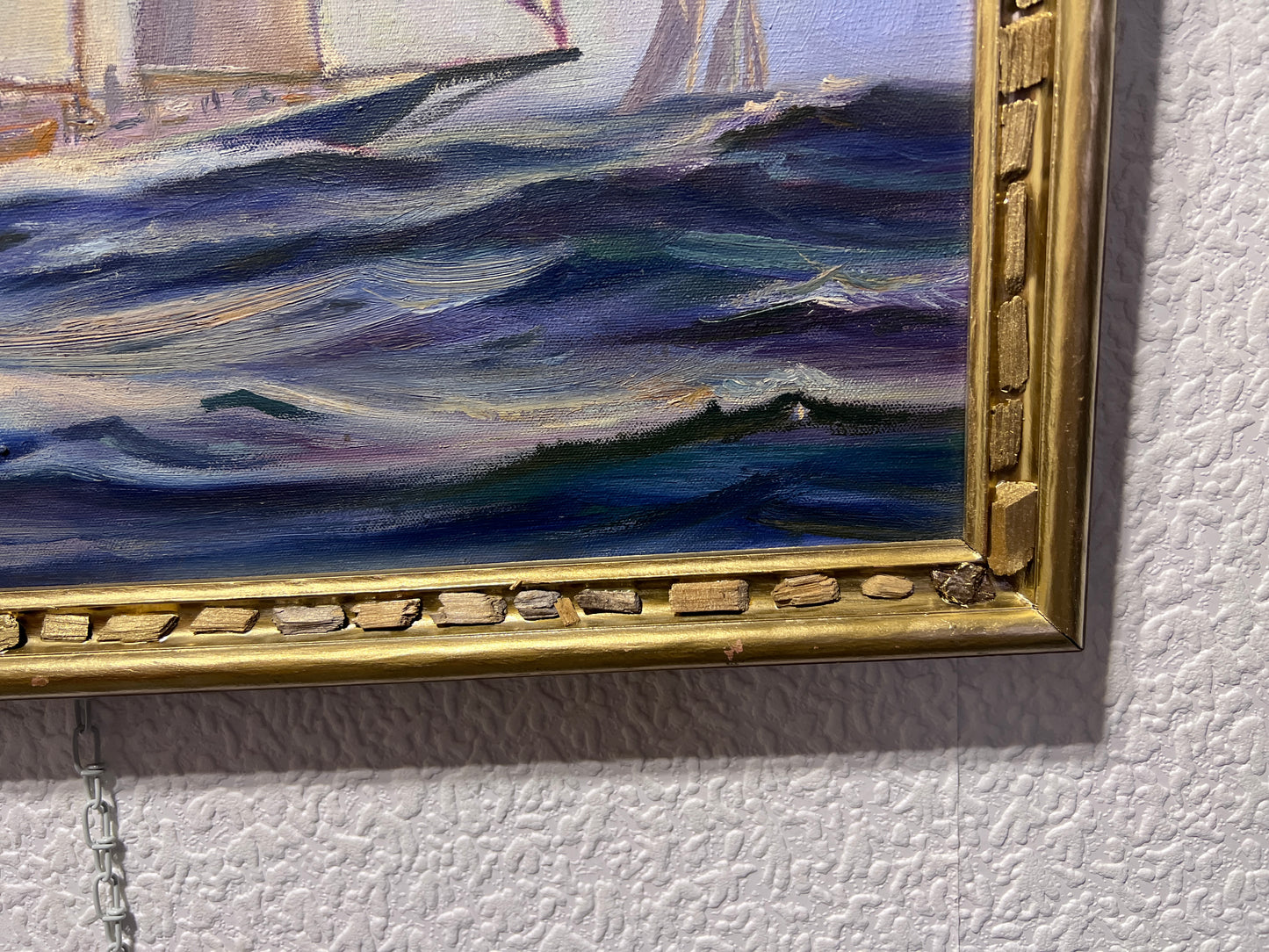 R.M. WHITE Vintage Oil painting on canvas Seascape, Sailing Ship in the ocean
