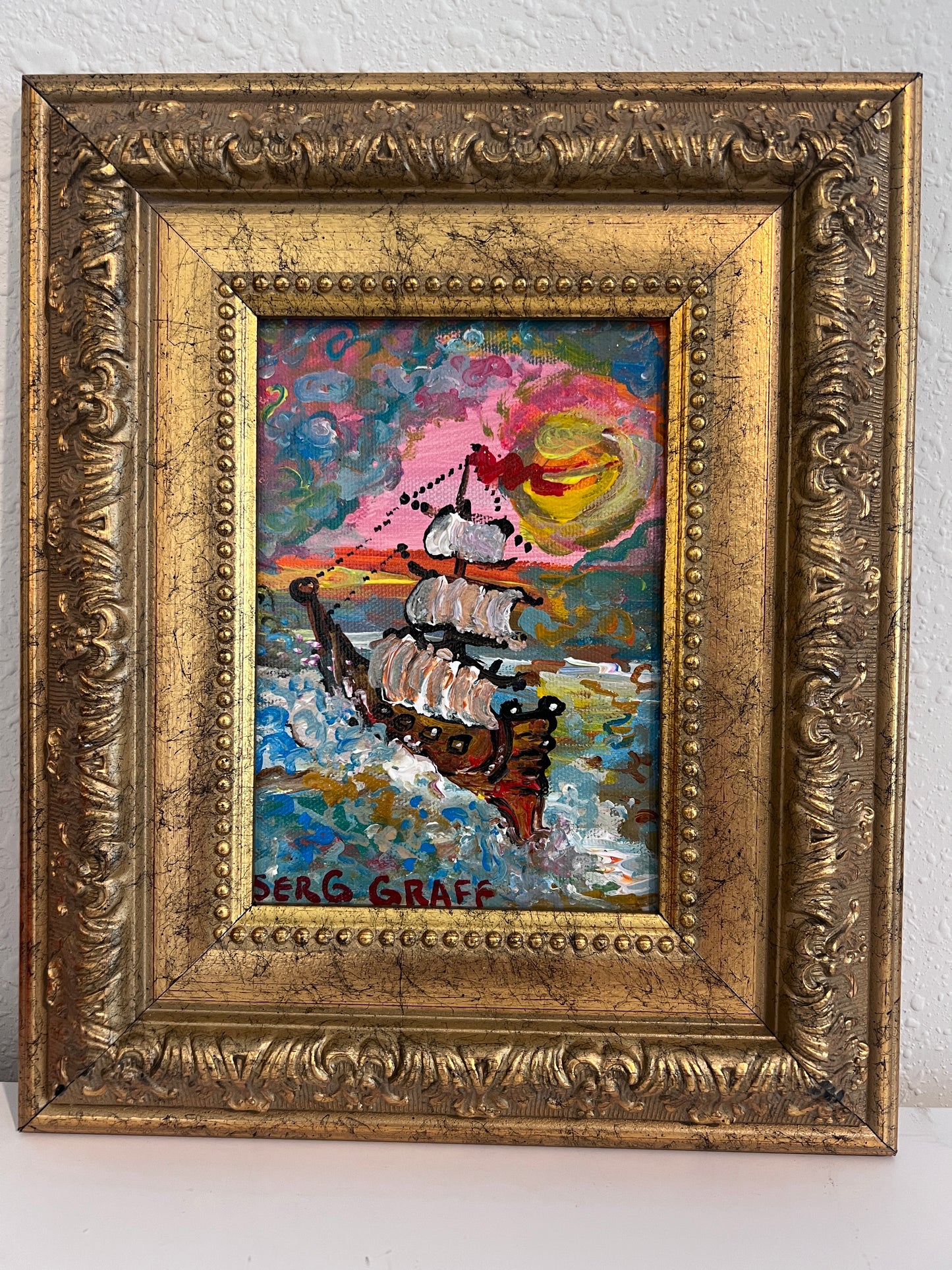 Serg Graff Original “Lamara” Ship Painting | Gold Ornate Frame | Nautical