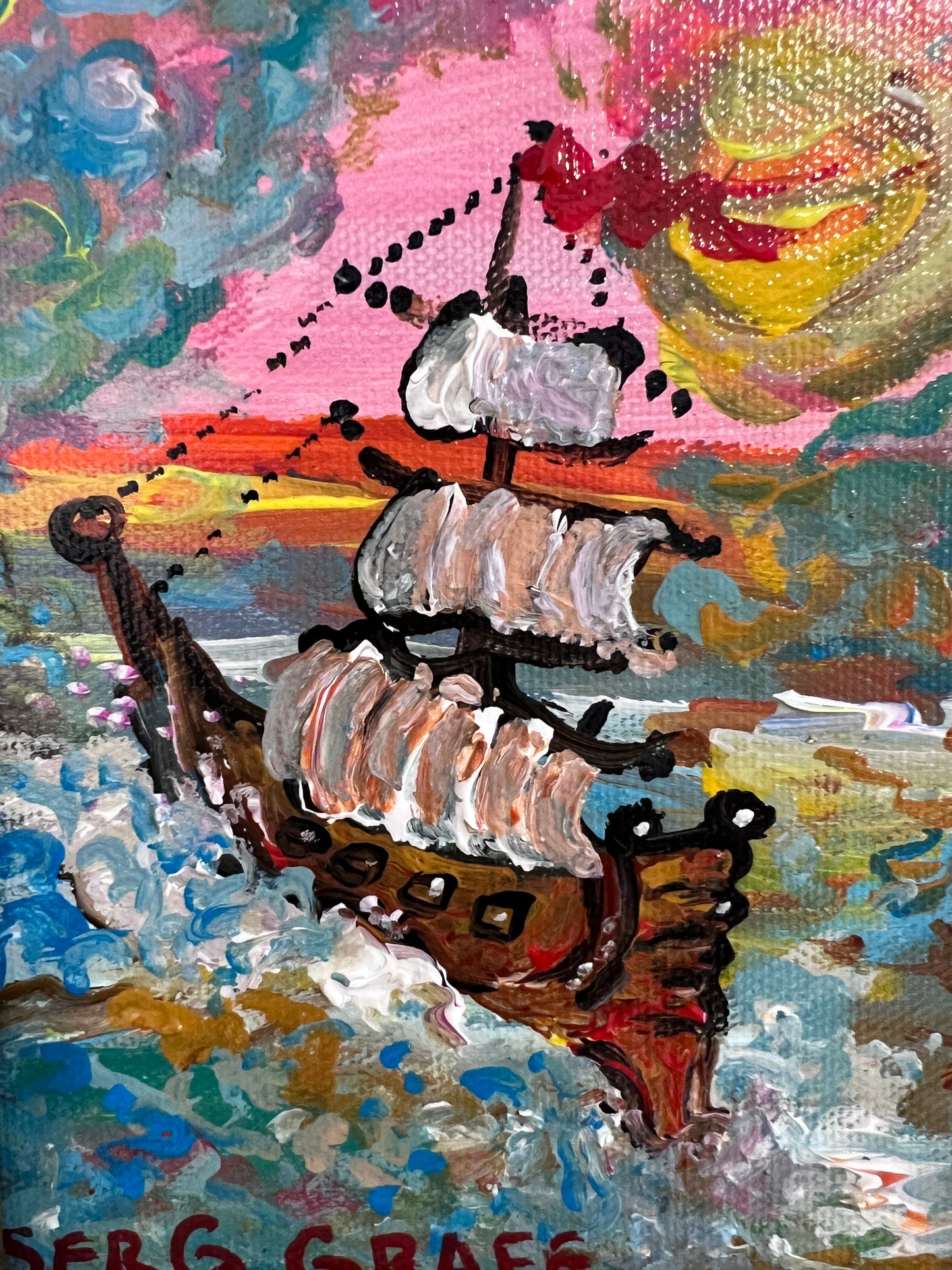 Serg Graff Original “Lamara” Ship Painting | Gold Ornate Frame | Nautical