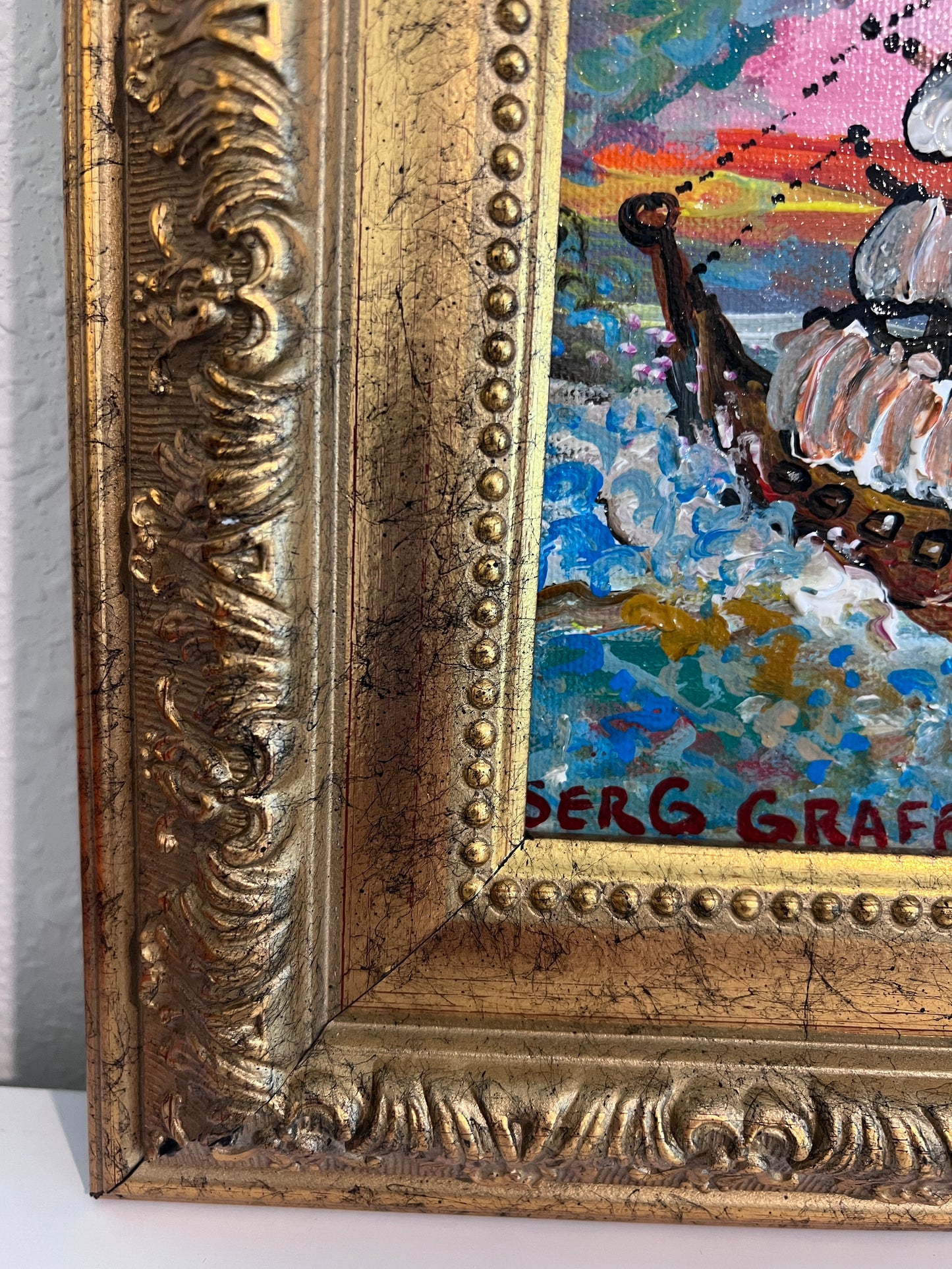 Serg Graff Original “Lamara” Ship Painting | Gold Ornate Frame | Nautical