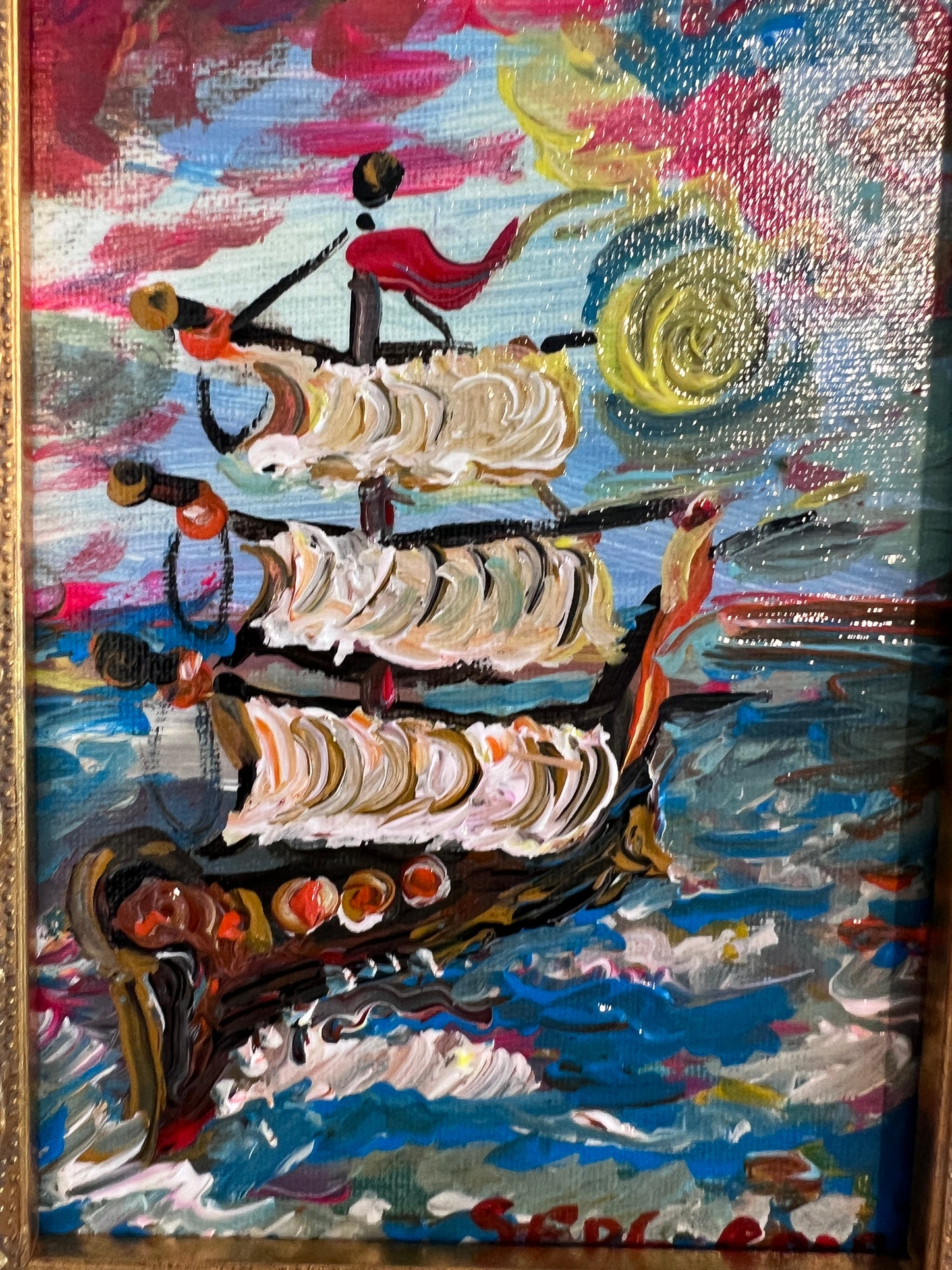 Serg Graff Original “Yeloria” Ship Painting | Gold Ornate Frame | Nautical