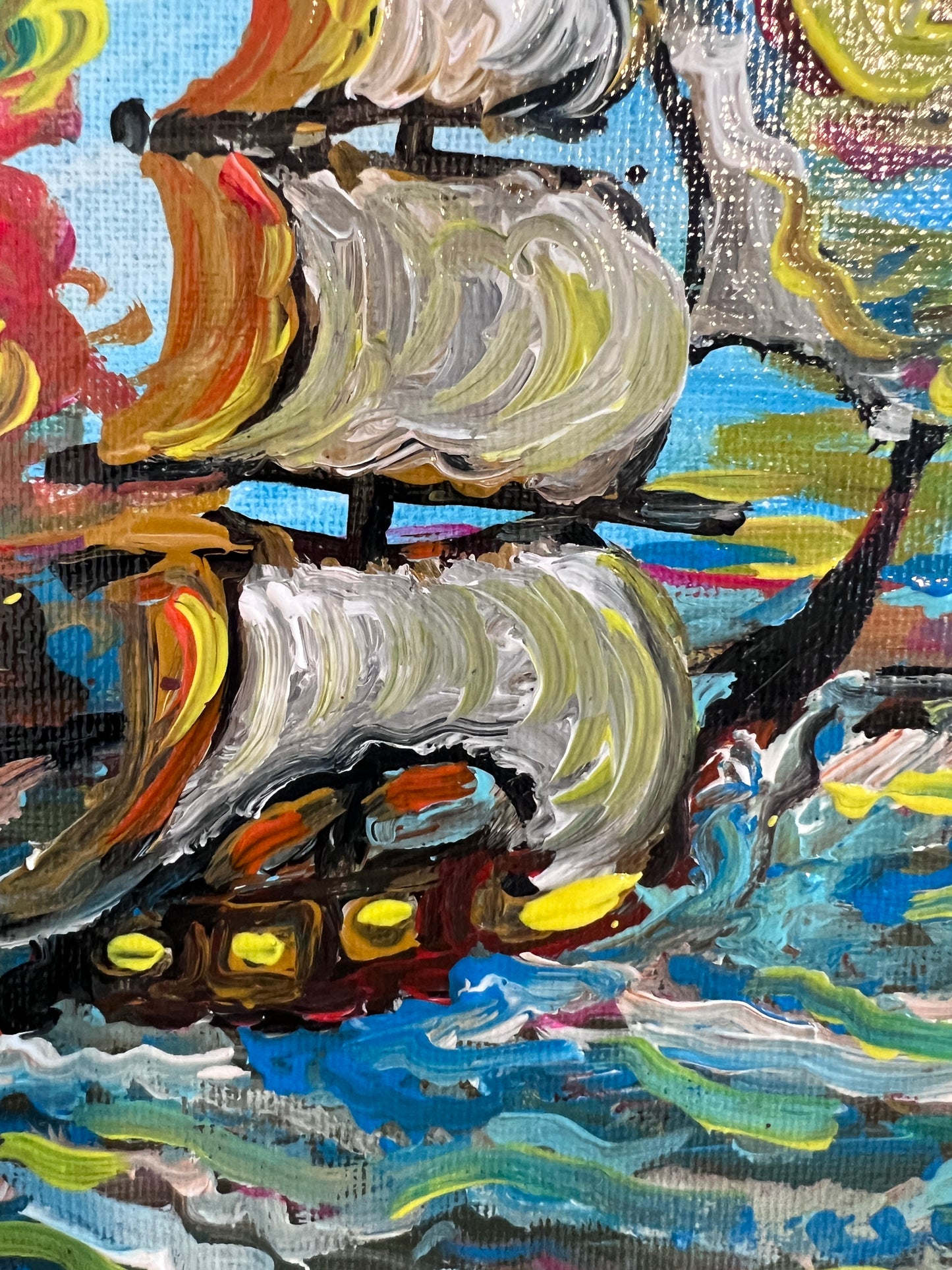 Serg Graff Original “Brigel” Acrylic Ship Painting | Gold Leaf Frame | Nautical