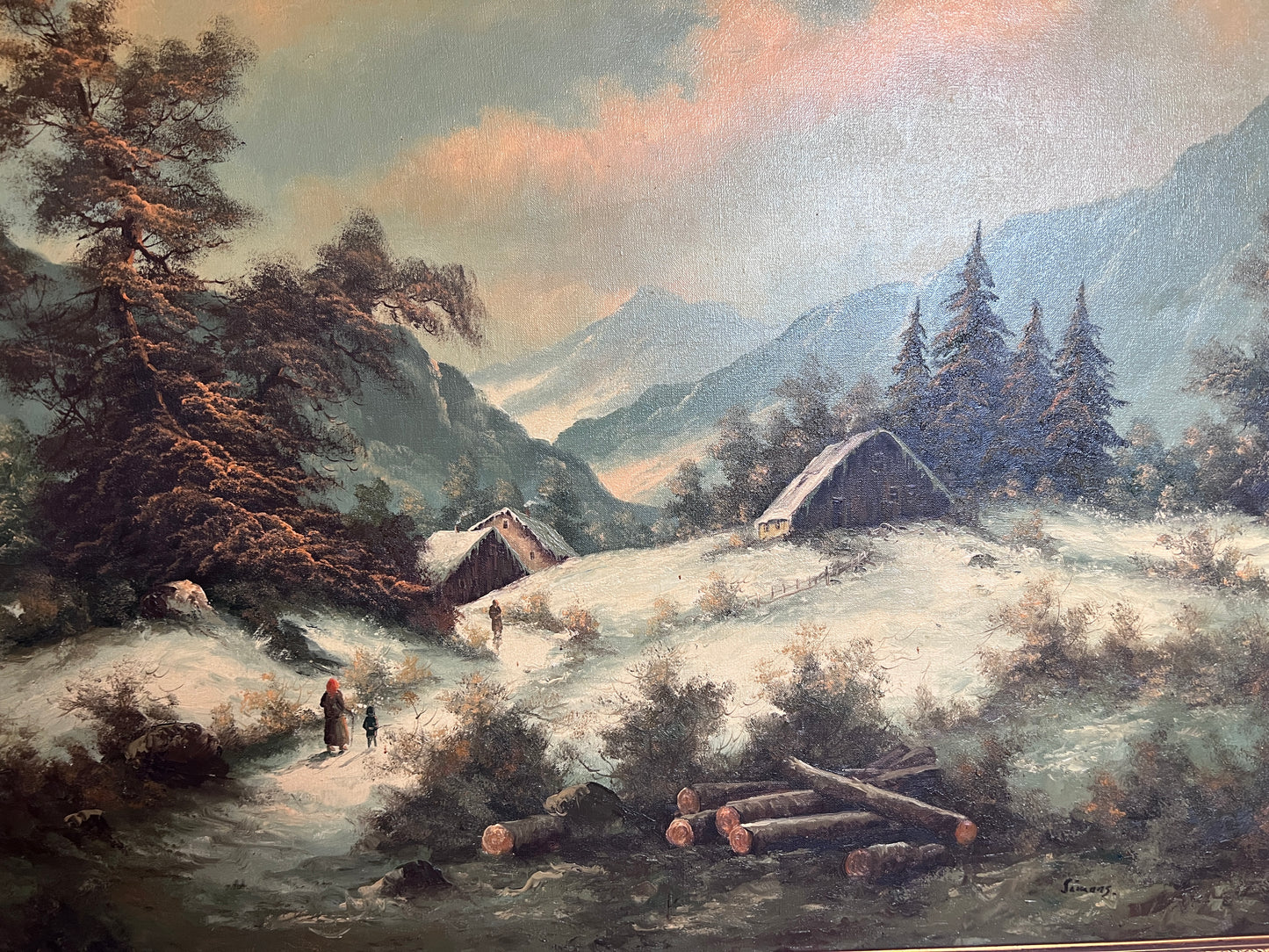 Simans Large Vintage Dutch Oil Painting on Canvas Landscape Gold Leaf Frame