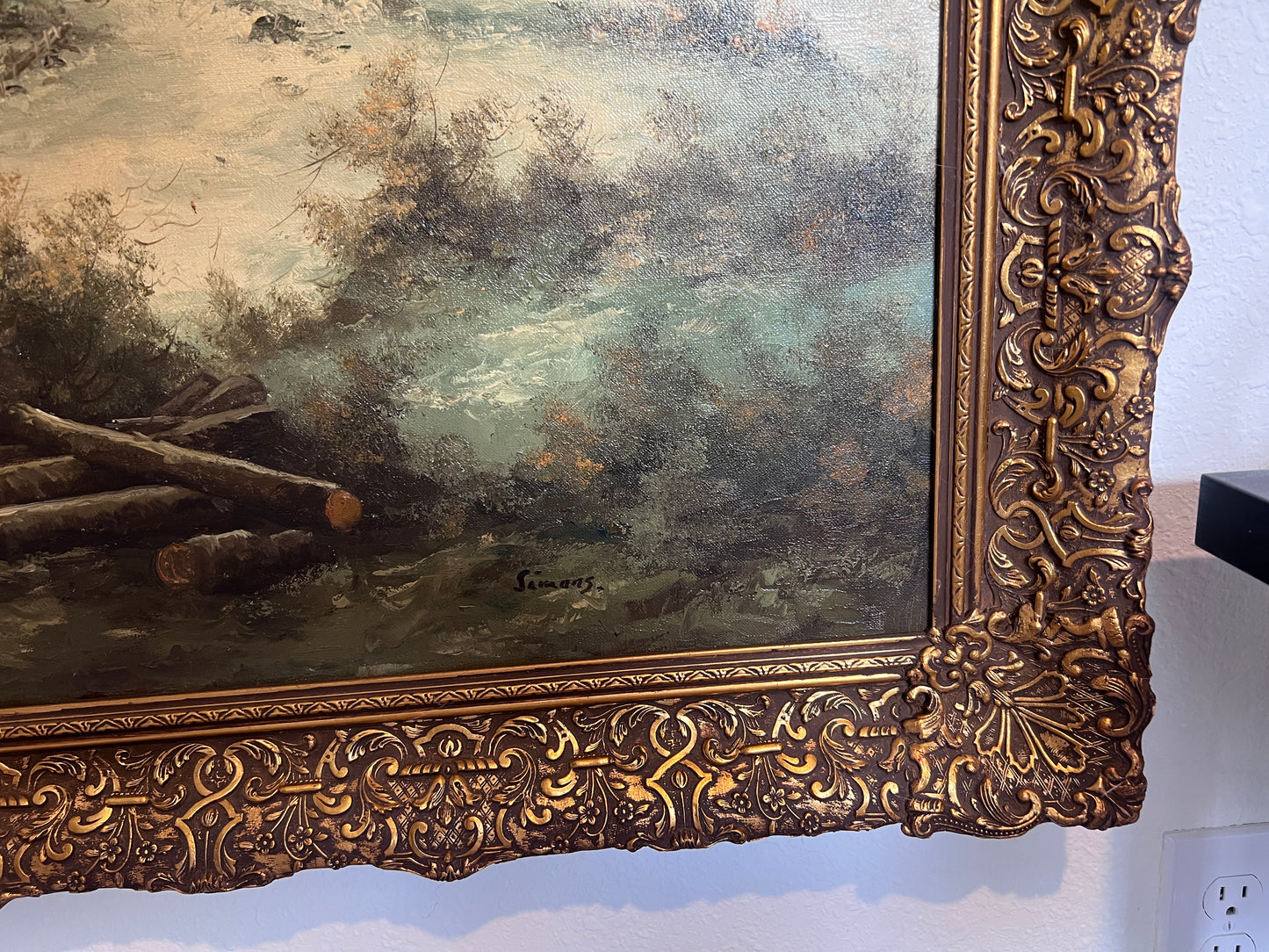 Simans Large Vintage Dutch Oil Painting on Canvas Landscape Gold Leaf Frame