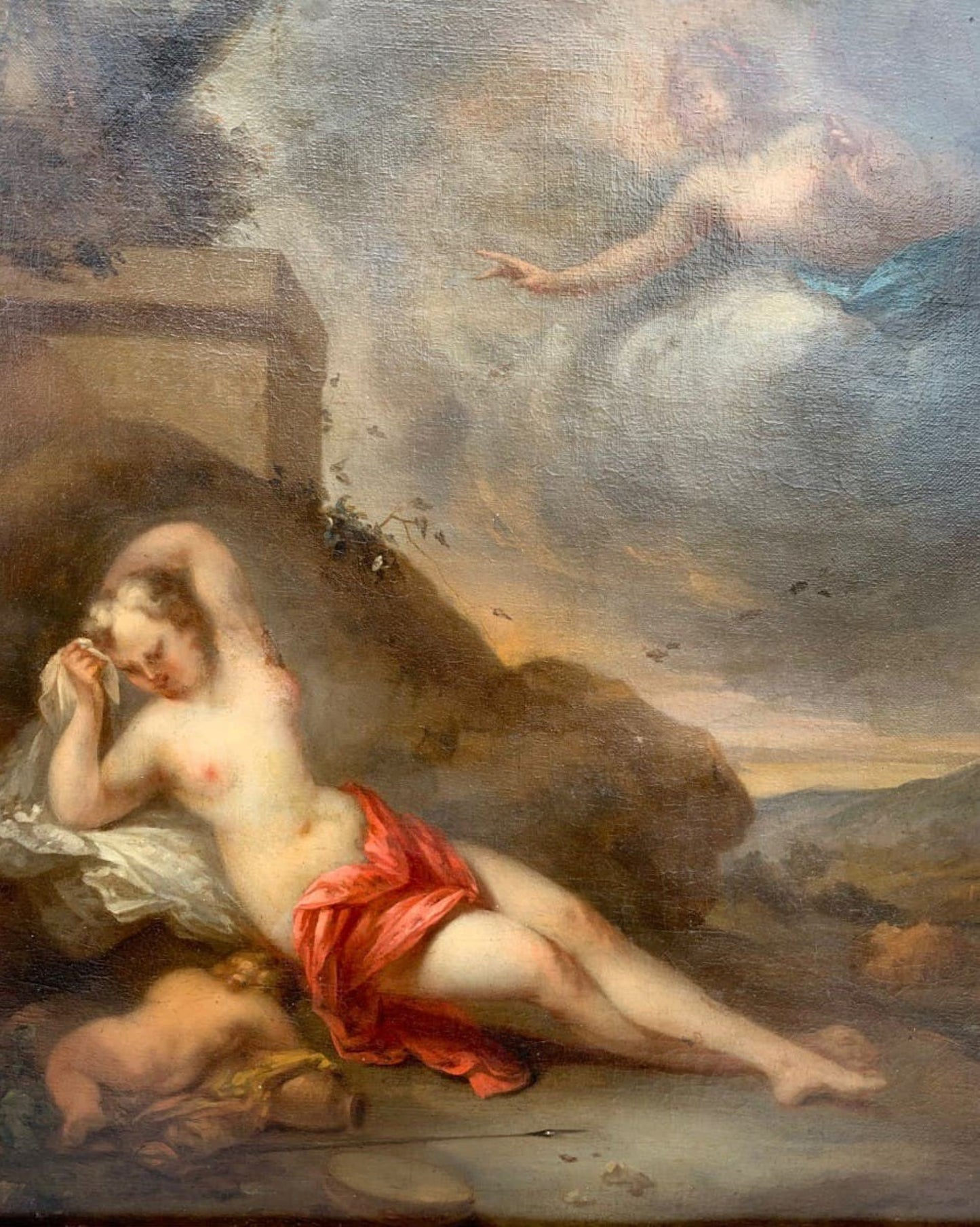 17th Century Antique Original Oil Painting on canvas Goddess And Cherub, Framed