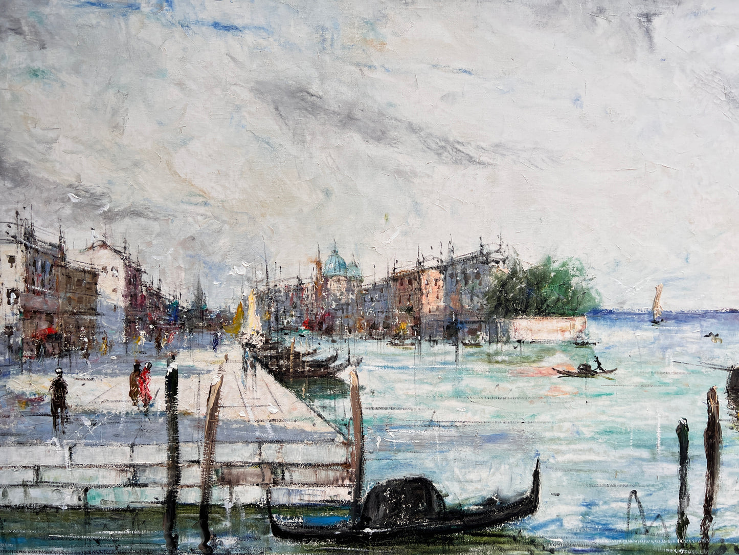 Large oil painting on canvas, cityscape, Venice, Canal View, signed Alvarez