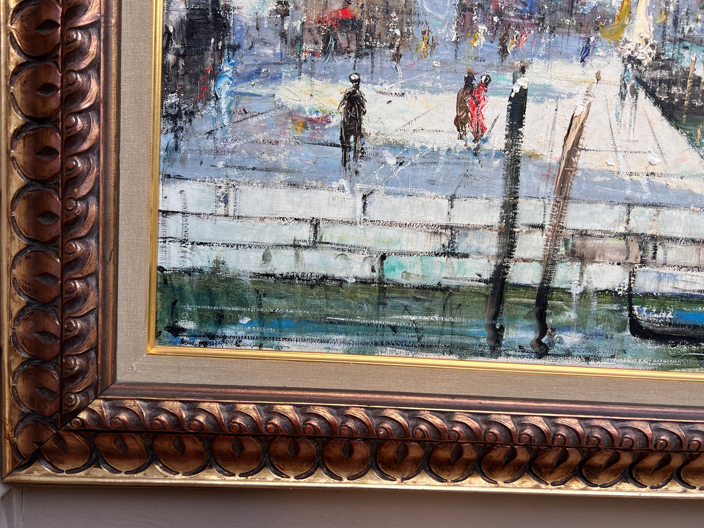 Large oil painting on canvas, cityscape, Venice, Canal View, signed Alvarez