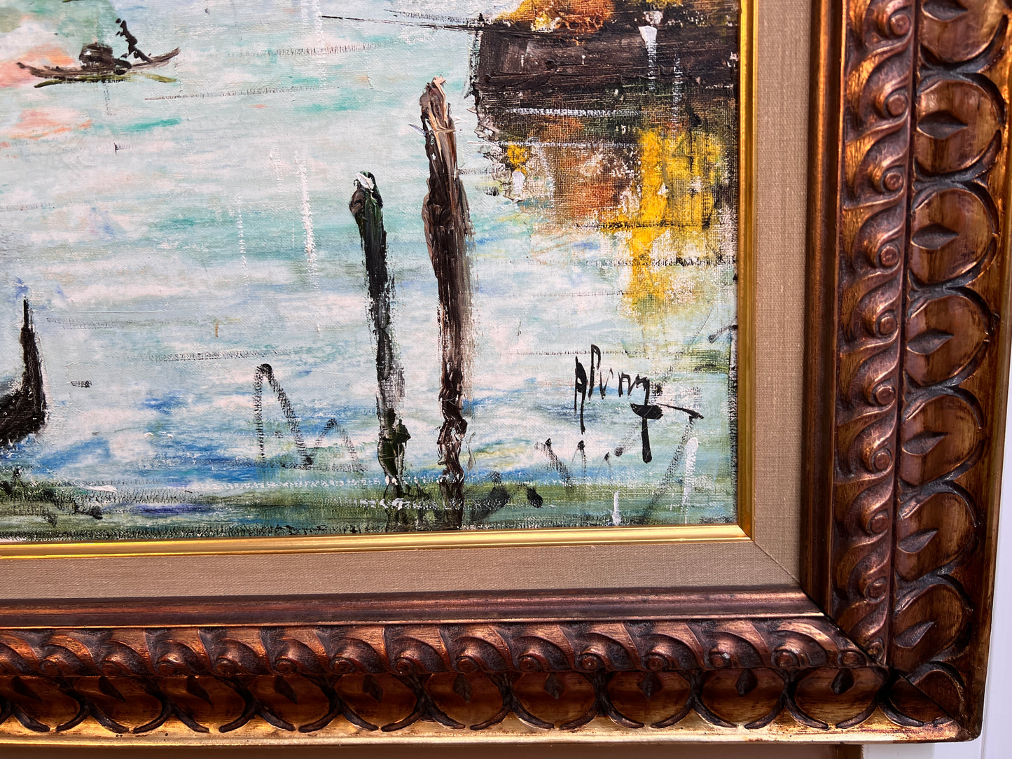Large oil painting on canvas, cityscape, Venice, Canal View, signed Alvarez