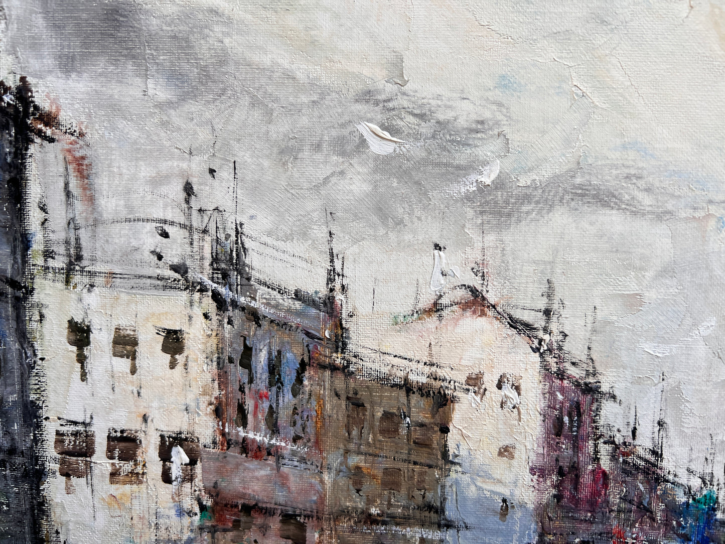 Large oil painting on canvas, cityscape, Venice, Canal View, signed Alvarez