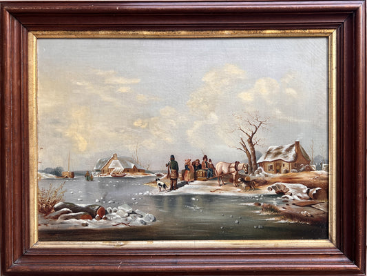 Antique oil painting on canvas, Winter Landscape, Village, figures. Framed