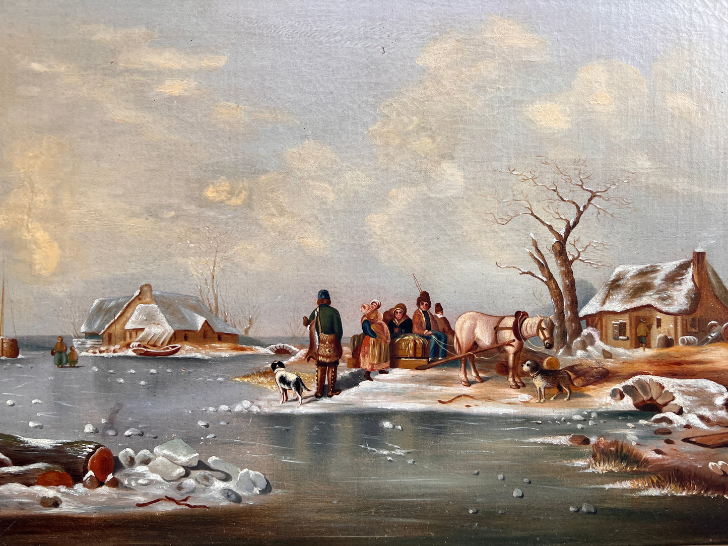 Antique oil painting on canvas, Winter Landscape, Village, figures. Framed