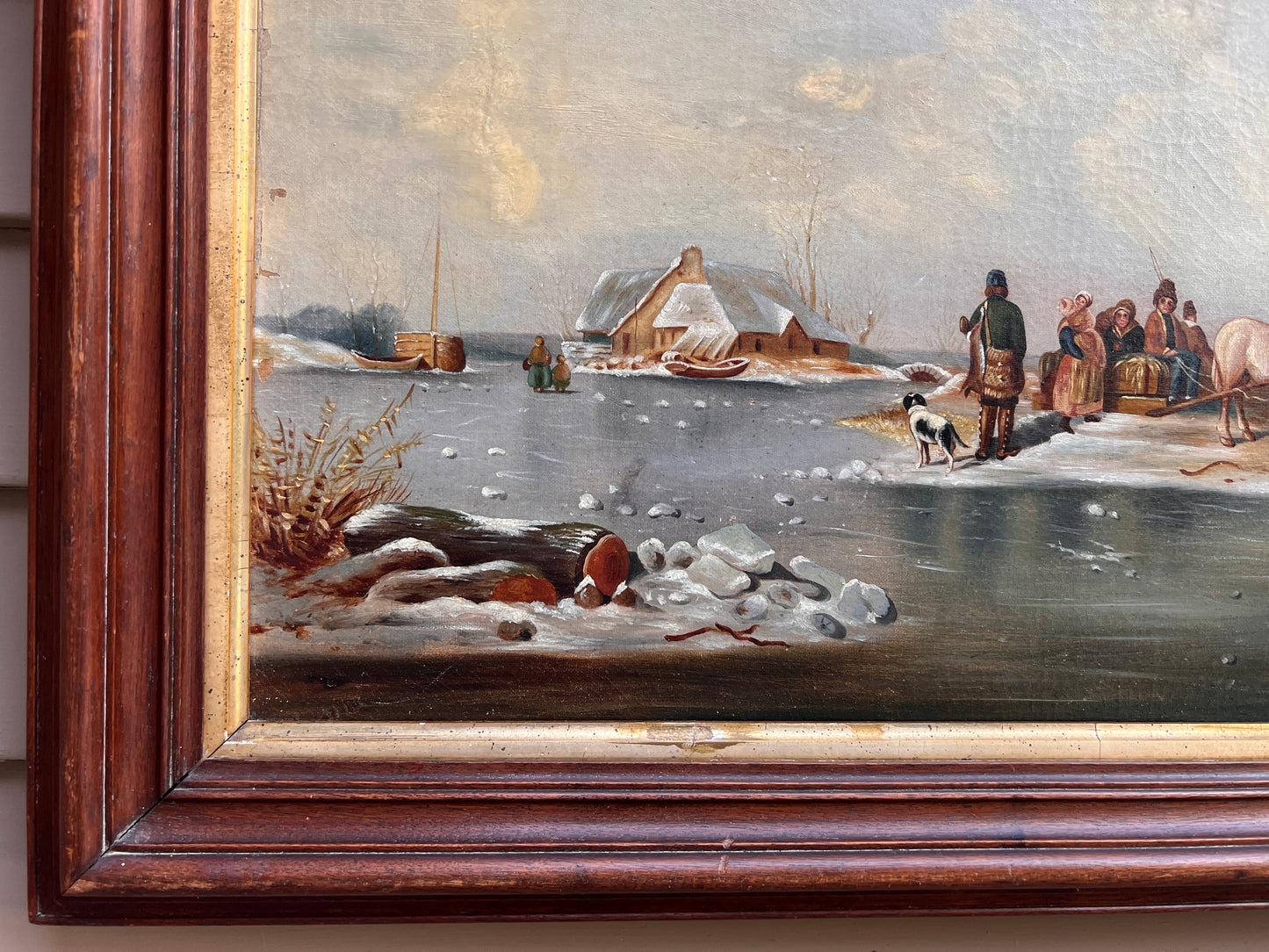Antique oil painting on canvas, Winter Landscape, Village, figures. Framed