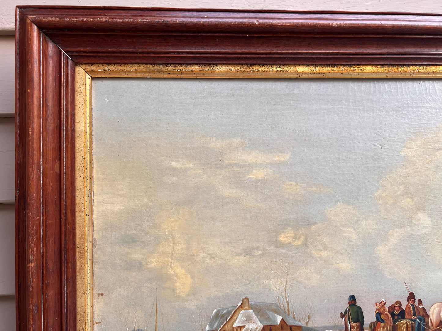 Antique oil painting on canvas, Winter Landscape, Village, figures. Framed