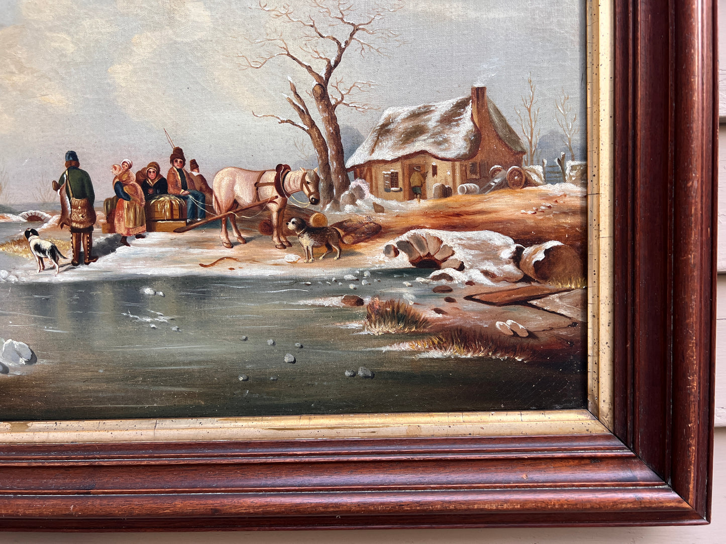 Antique oil painting on canvas, Winter Landscape, Village, figures. Framed